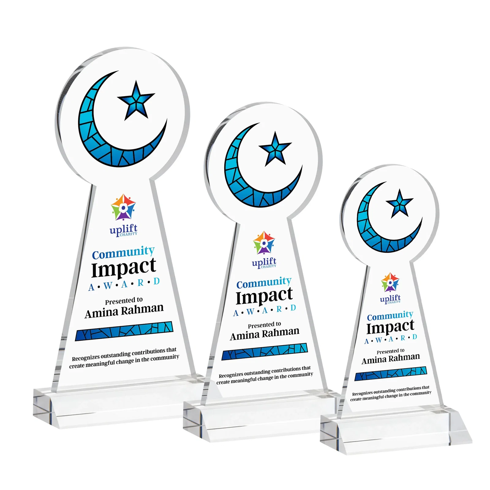 Branded Starfire Crescent and Star Award on a Front-Mitered Base for dealer and partner awards