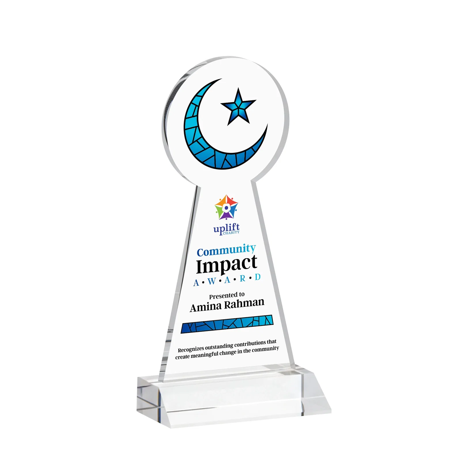 Branded Starfire Crescent and Star Award on a Front-Mitered Base for company anniversary events