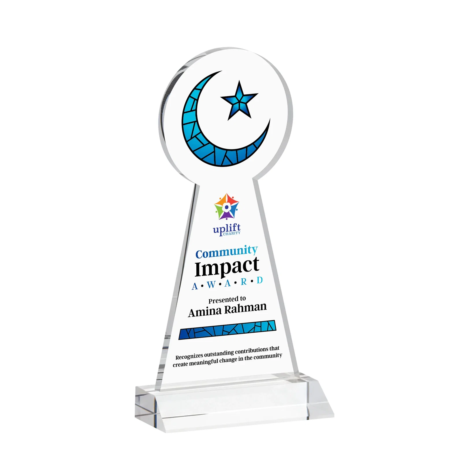 Custom printed Starfire Crescent and Star Award on a Front-Mitered Base for employee recognition