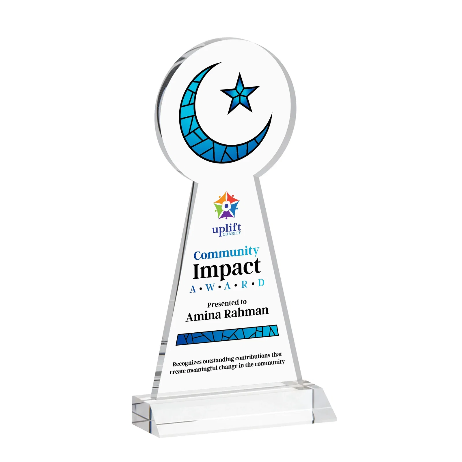 Custom printed Starfire Crescent and Star Award on a Front-Mitered Base for corporate award ceremonies