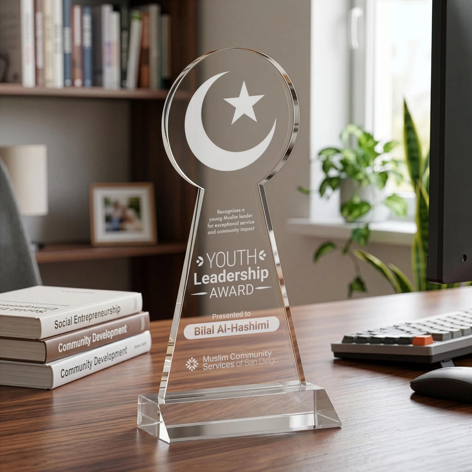 Custom Starfire Crescent and Star Award on a Front-Mitered Base for team milestone celebrations