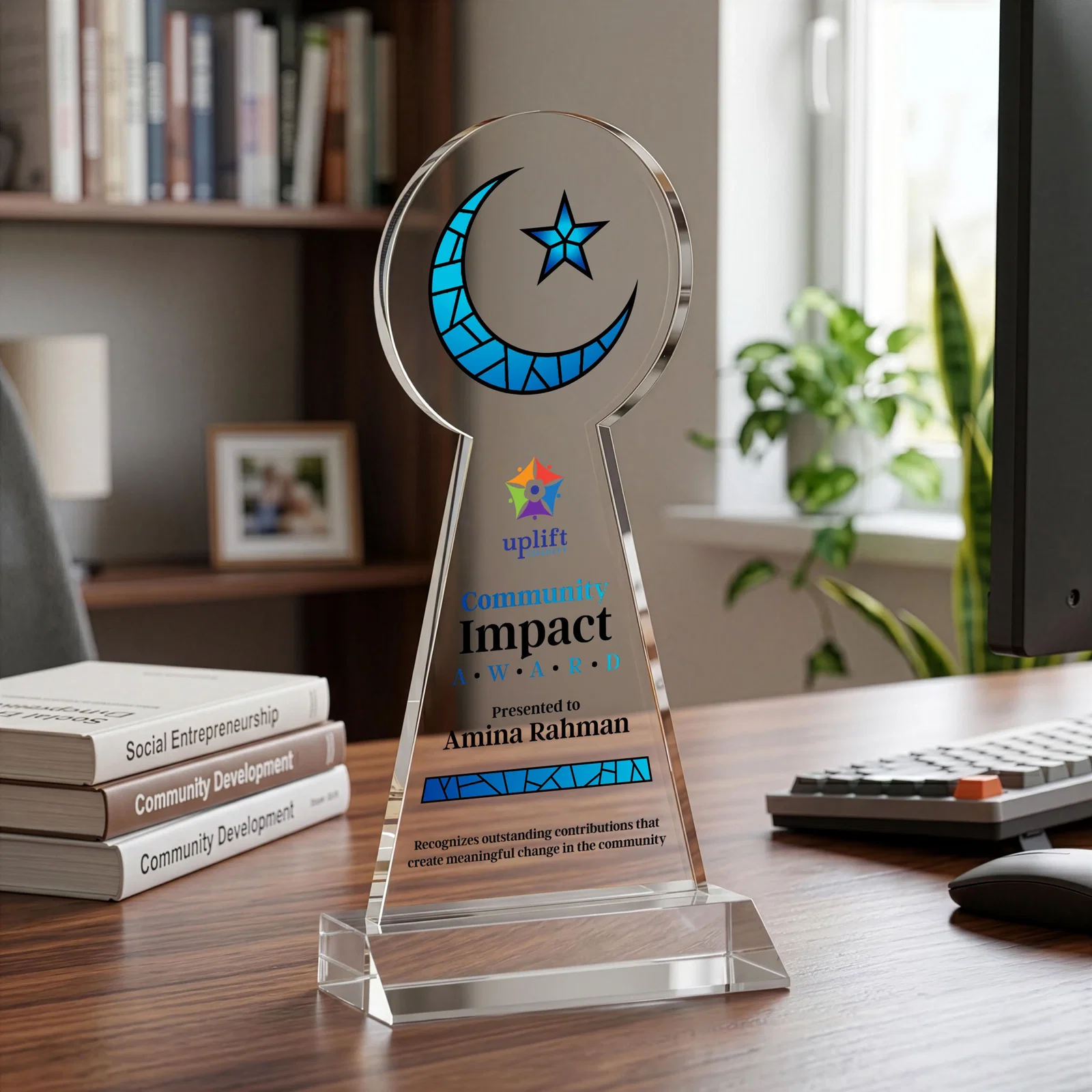 Custom printed Starfire Crescent and Star Award on a Front-Mitered Base for service anniversary gifts