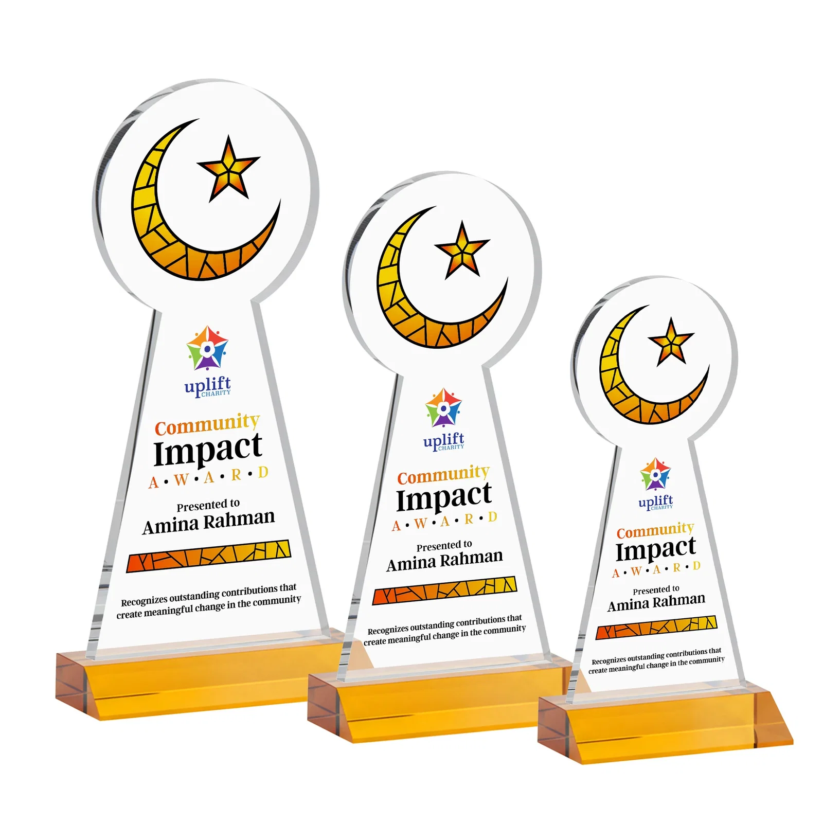 Custom printed Starfire Crescent and Star Award on a Front-Mitered Base for sales achievement awards