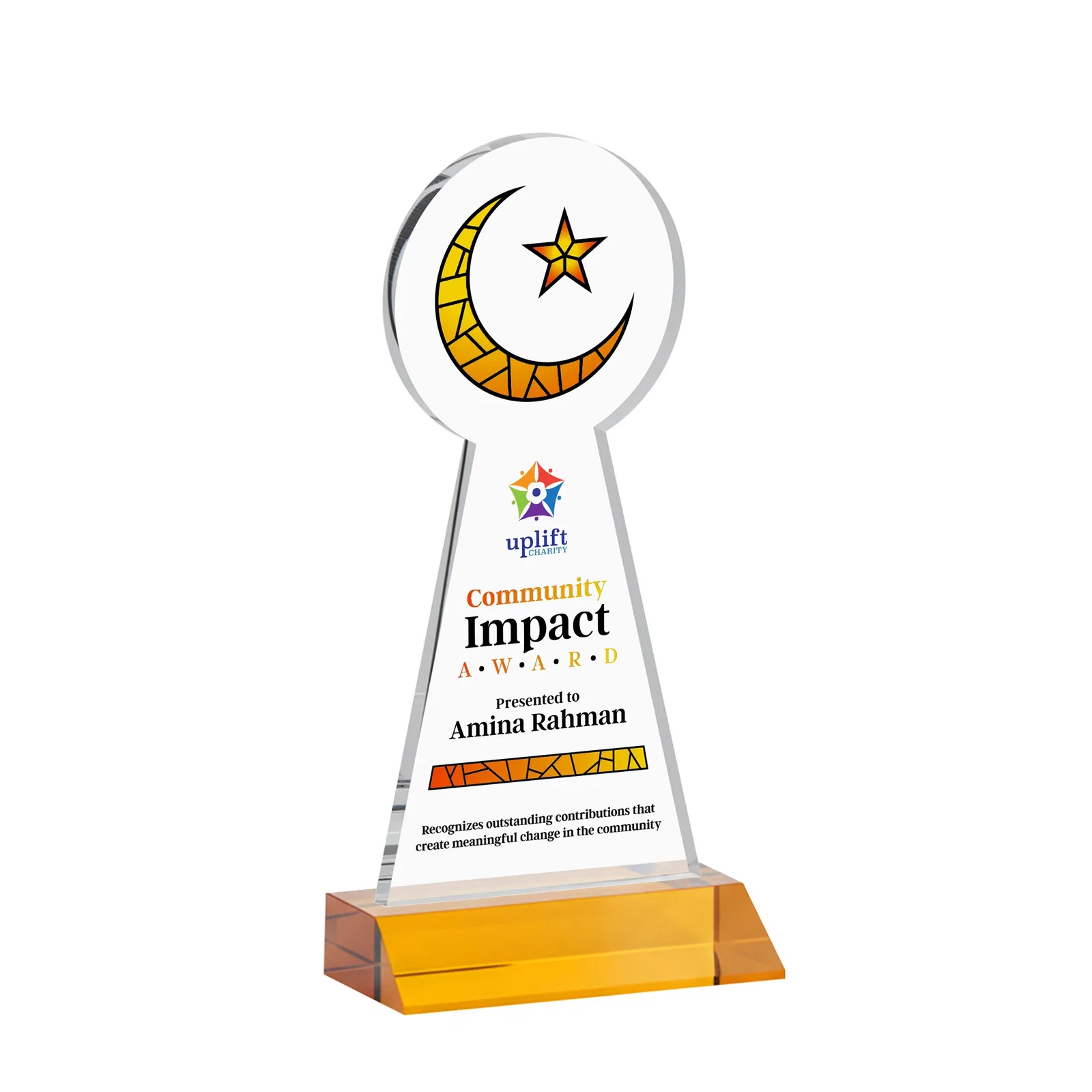 Custom printed Starfire Crescent and Star Award on a Front-Mitered Base for retirement presentations