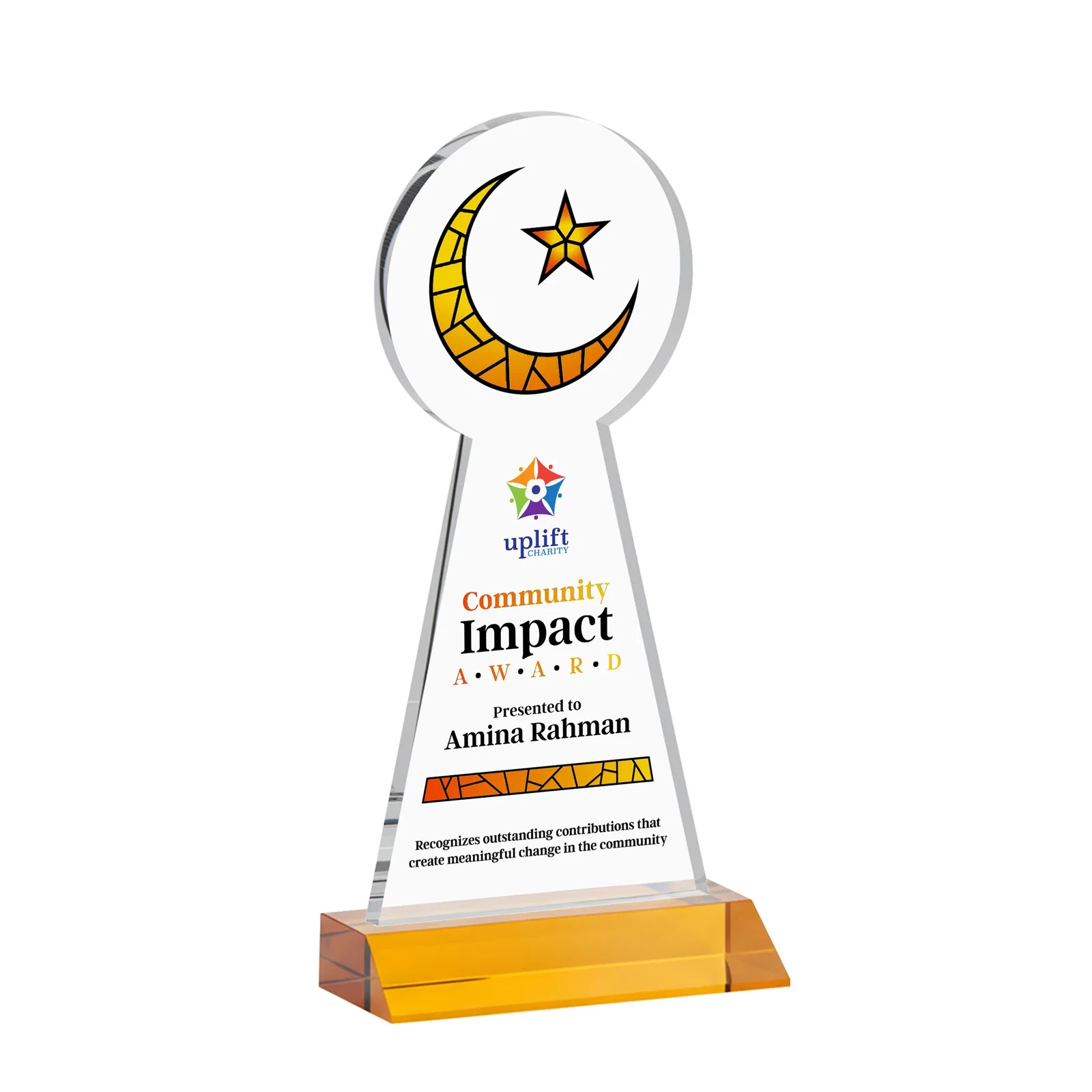 Custom printed Starfire Crescent and Star Award on a Front-Mitered Base for team milestone celebrations