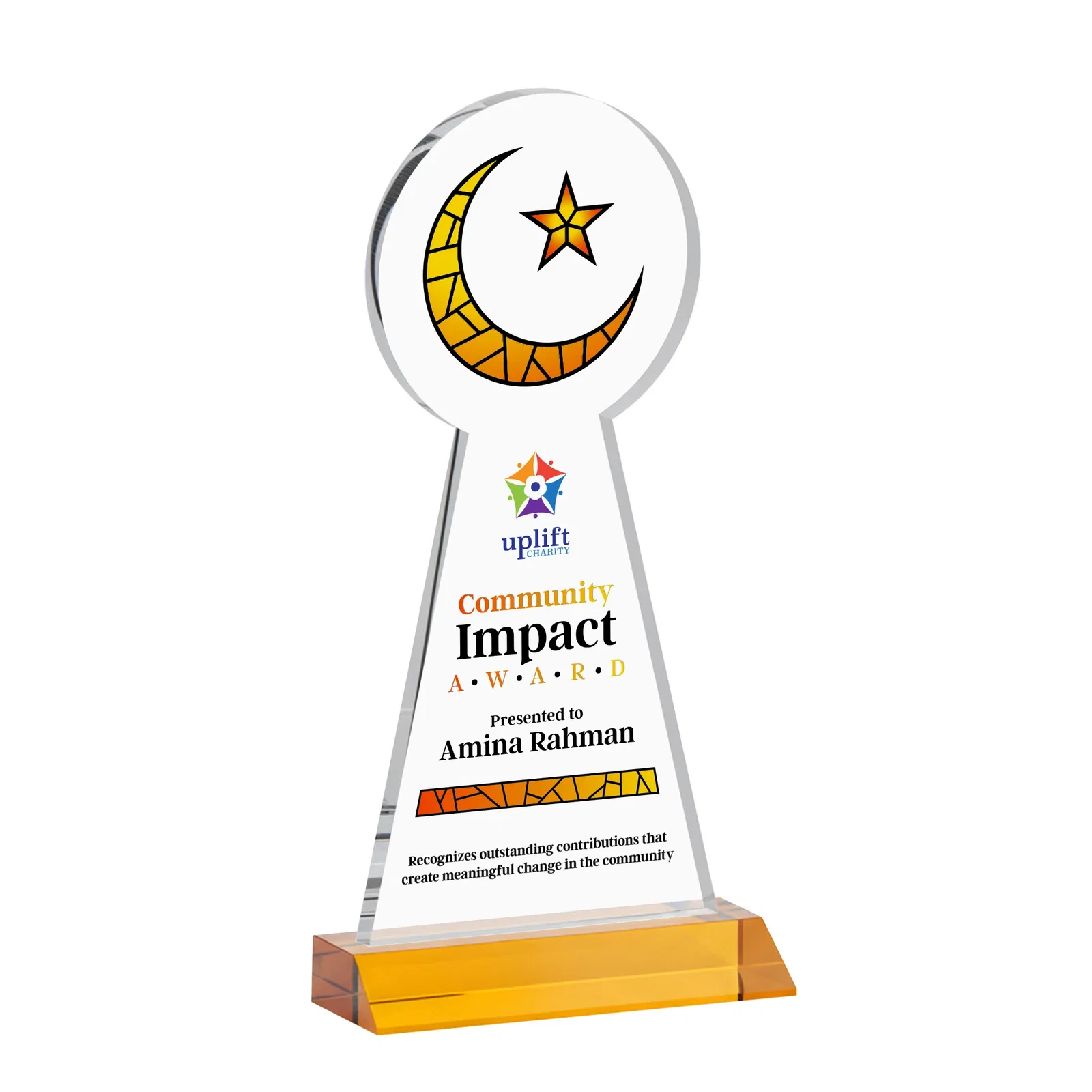 Custom printed Starfire Crescent and Star Award on a Front-Mitered Base for donor appreciation