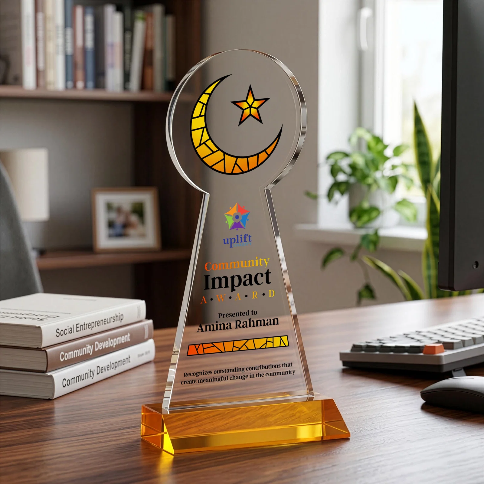 Custom printed Starfire Crescent and Star Award on a Front-Mitered Base for graduation ceremonies