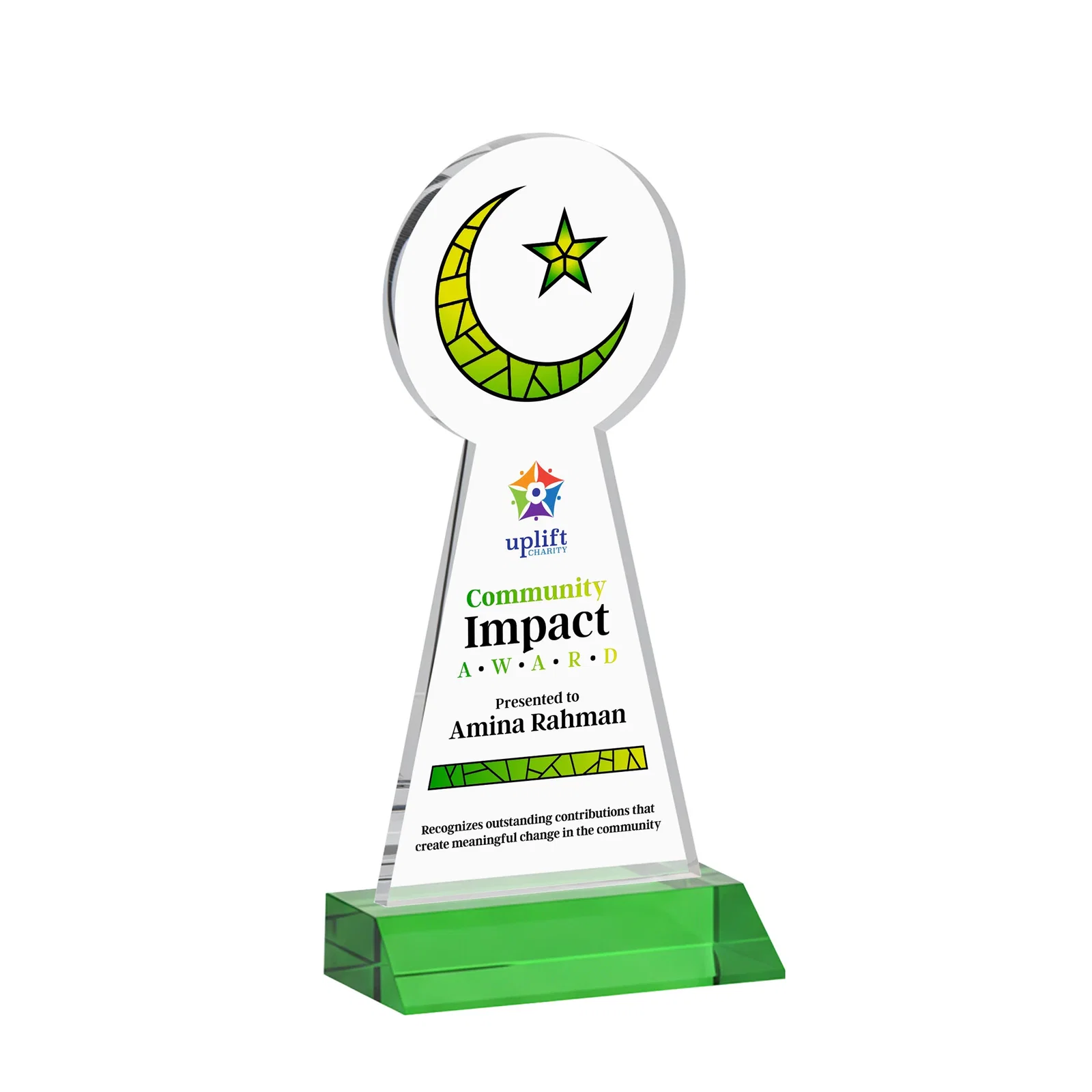Custom printed Starfire Crescent and Star Award on a Front-Mitered Base for volunteer appreciation