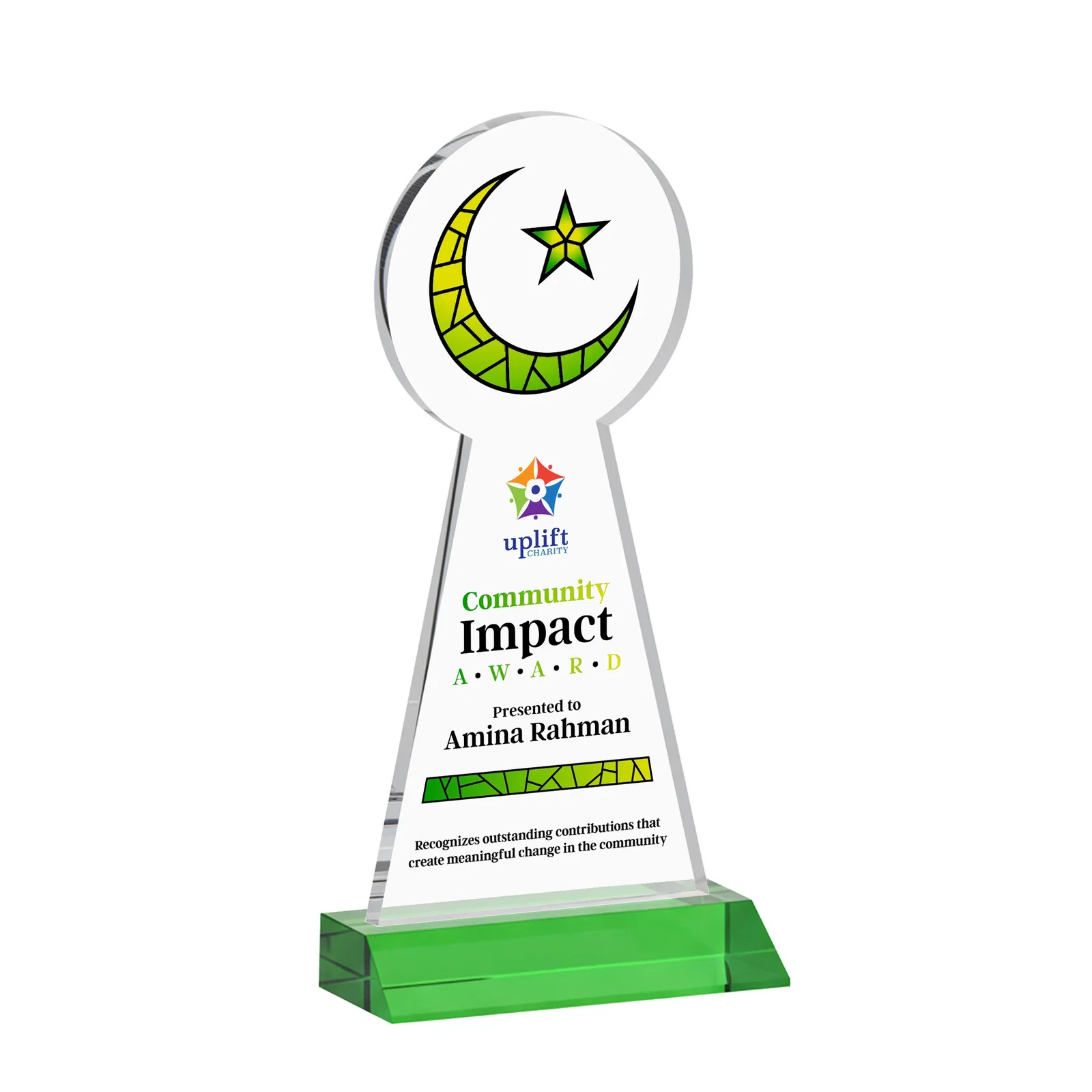 Custom printed Starfire Crescent and Star Award on a Front-Mitered Base for dealer and partner awards