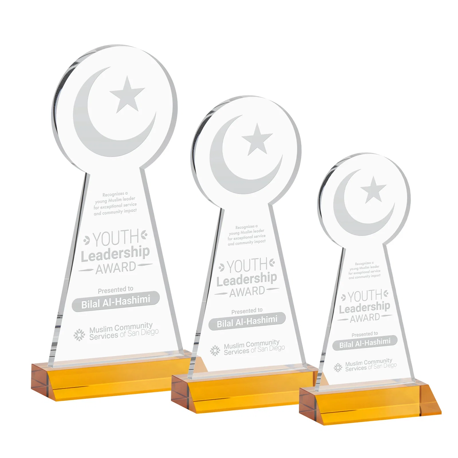 Custom Starfire Crescent and Star Award on a Front-Mitered Base for donor appreciation