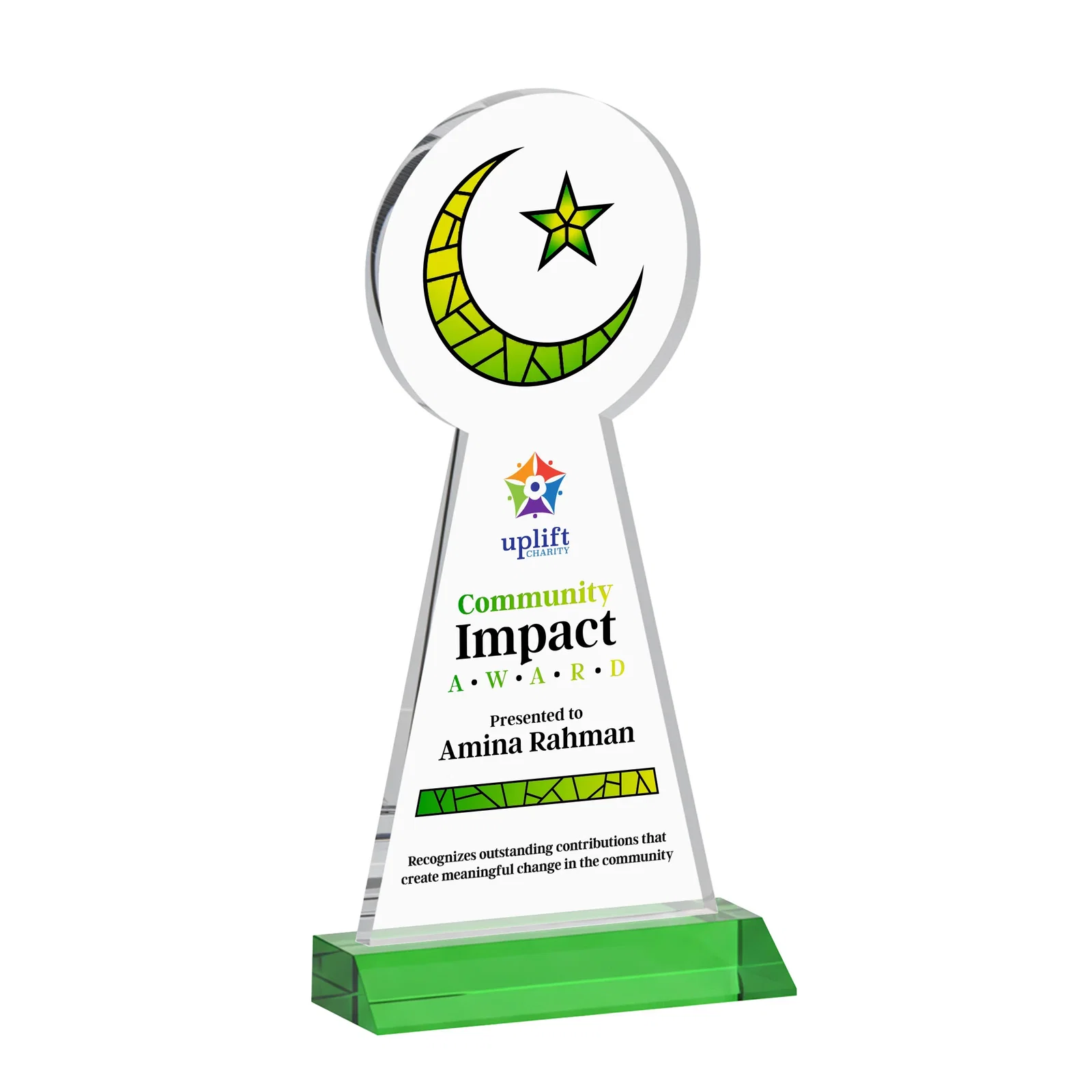 Custom printed Starfire Crescent and Star Award on a Front-Mitered Base for company anniversary events