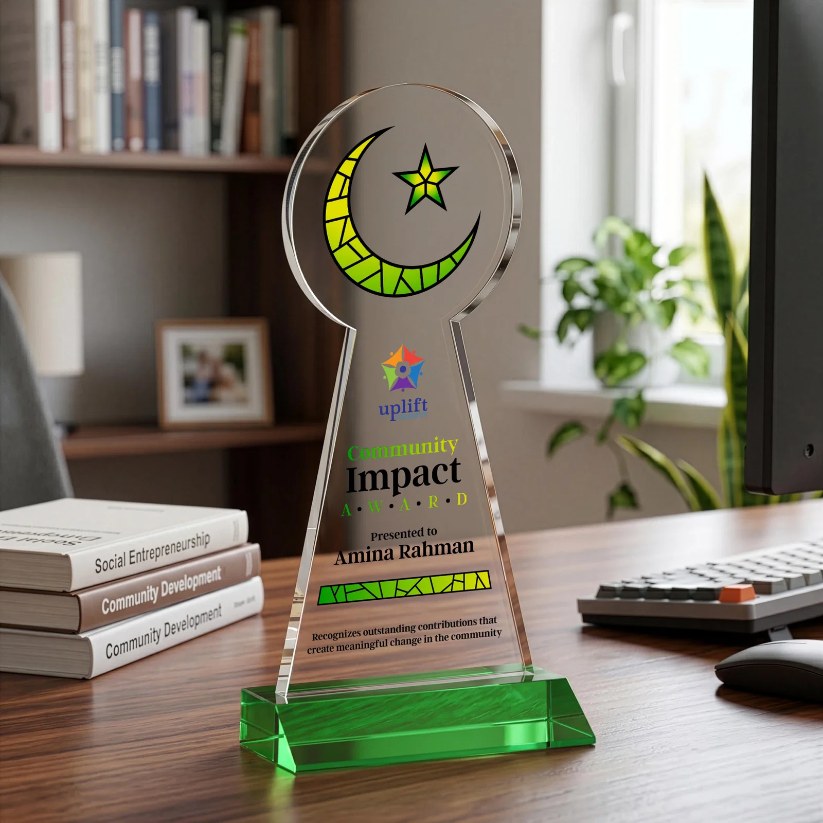 Customized Starfire Crescent and Star Award on a Front-Mitered Base for employee recognition