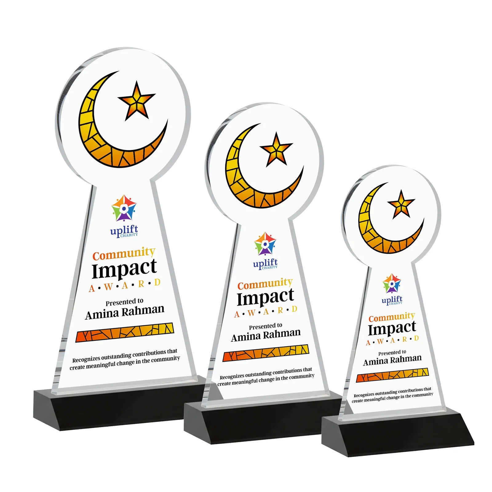 Customized Starfire Crescent and Star Award on a Front-Mitered Base for corporate award ceremonies