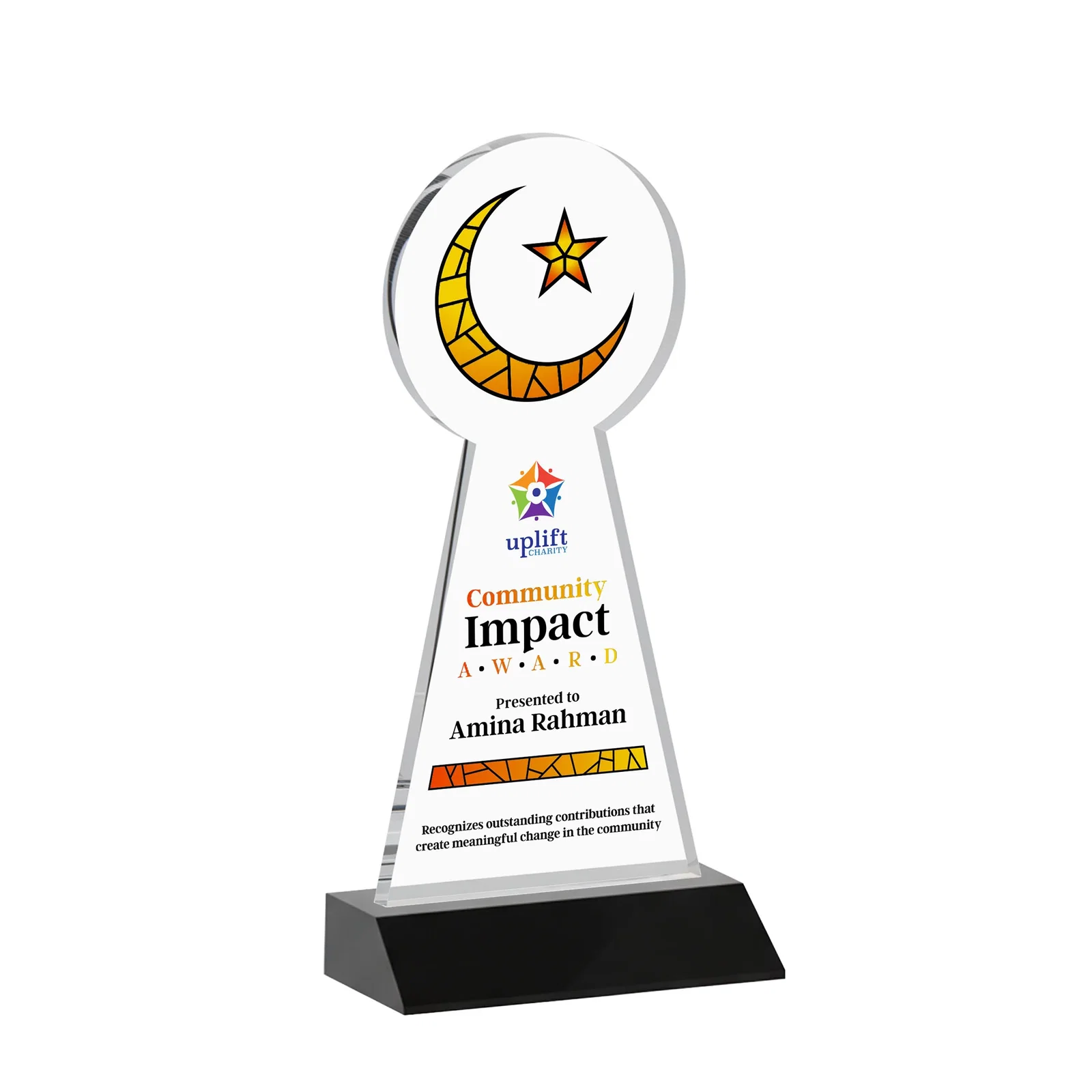 Customized Starfire Crescent and Star Award on a Front-Mitered Base for service anniversary gifts