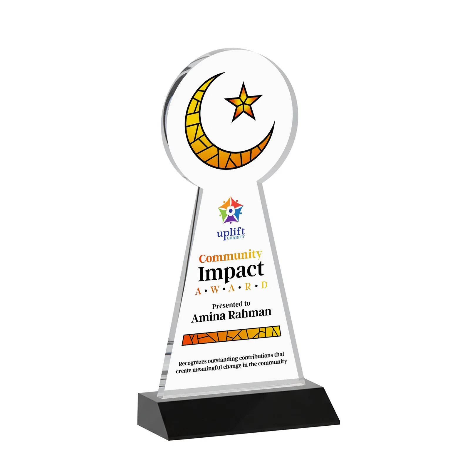 Customized Starfire Crescent and Star Award on a Front-Mitered Base for sales achievement awards