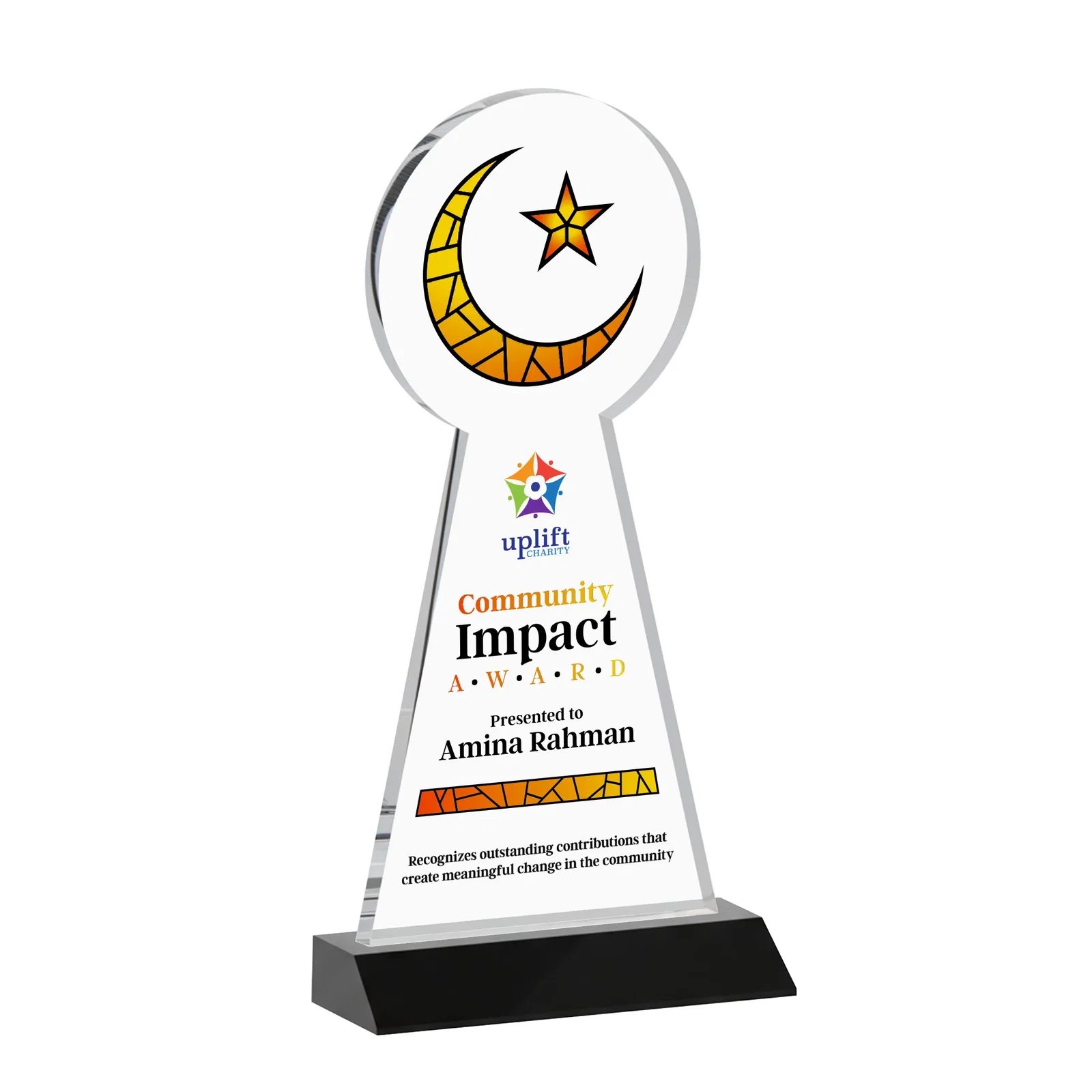 Customized Starfire Crescent and Star Award on a Front-Mitered Base for retirement presentations