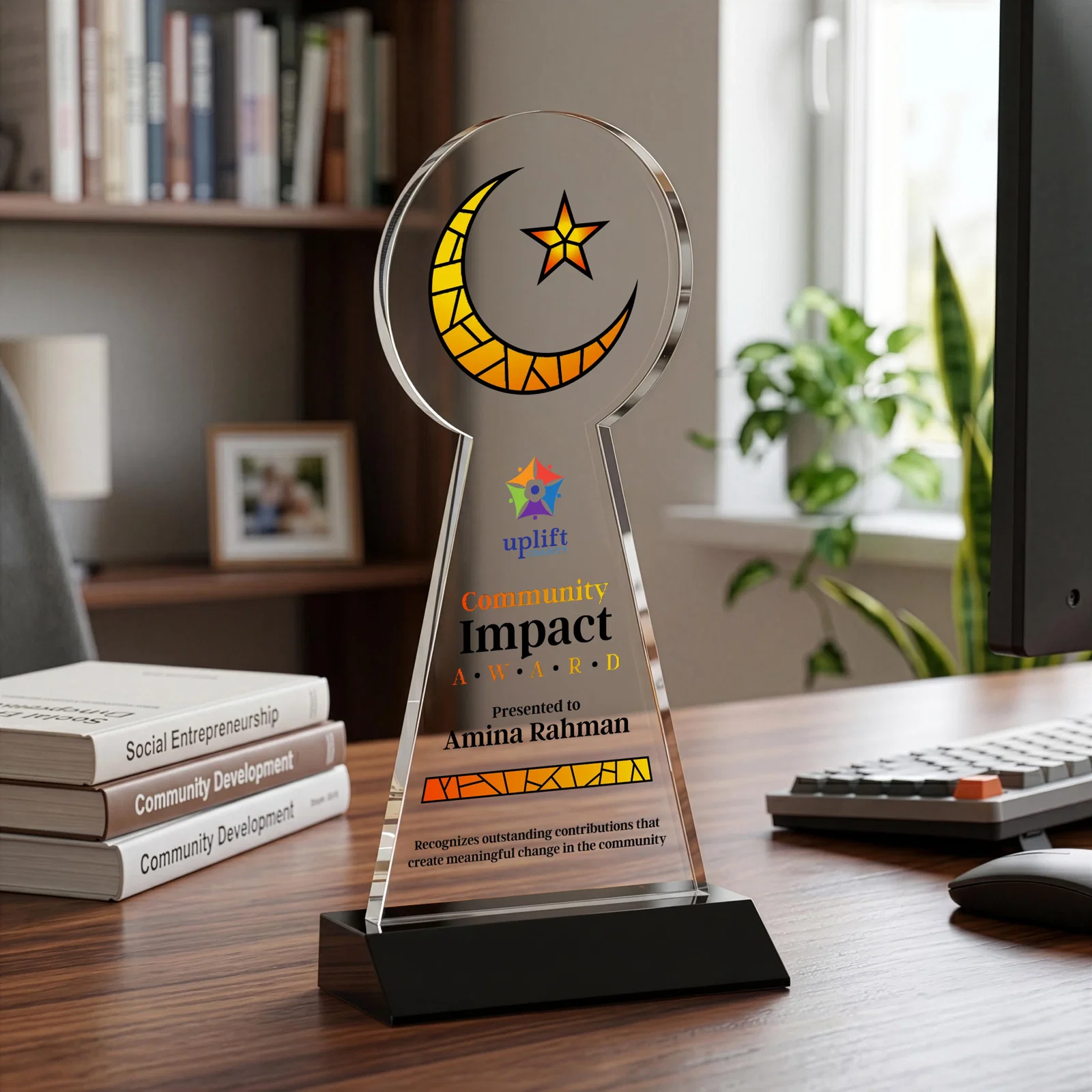 Customized Starfire Crescent and Star Award on a Front-Mitered Base for team milestone celebrations