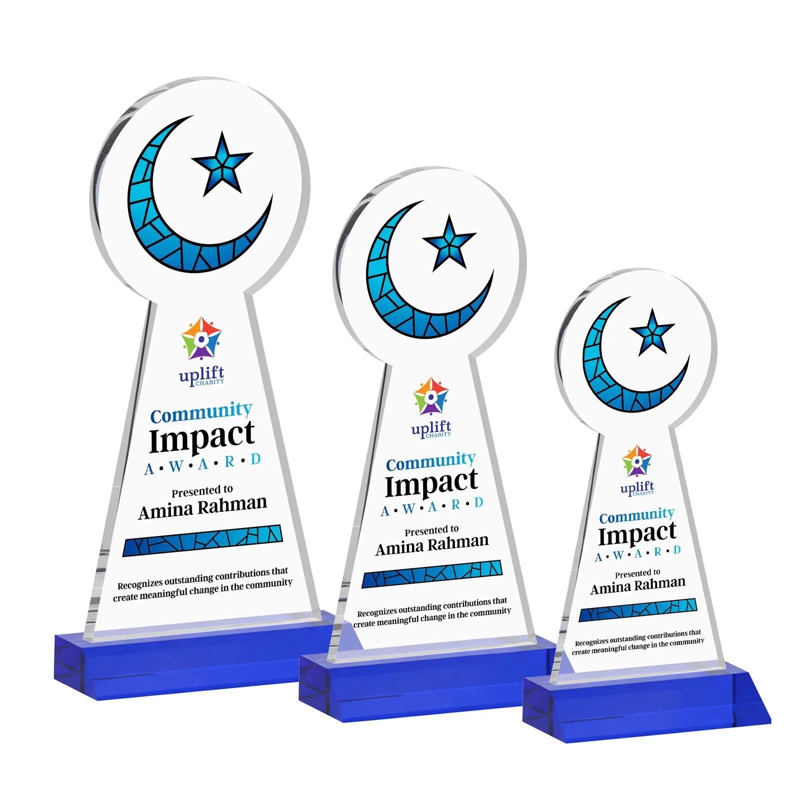 Customized Starfire Crescent and Star Award on a Front-Mitered Base for donor appreciation