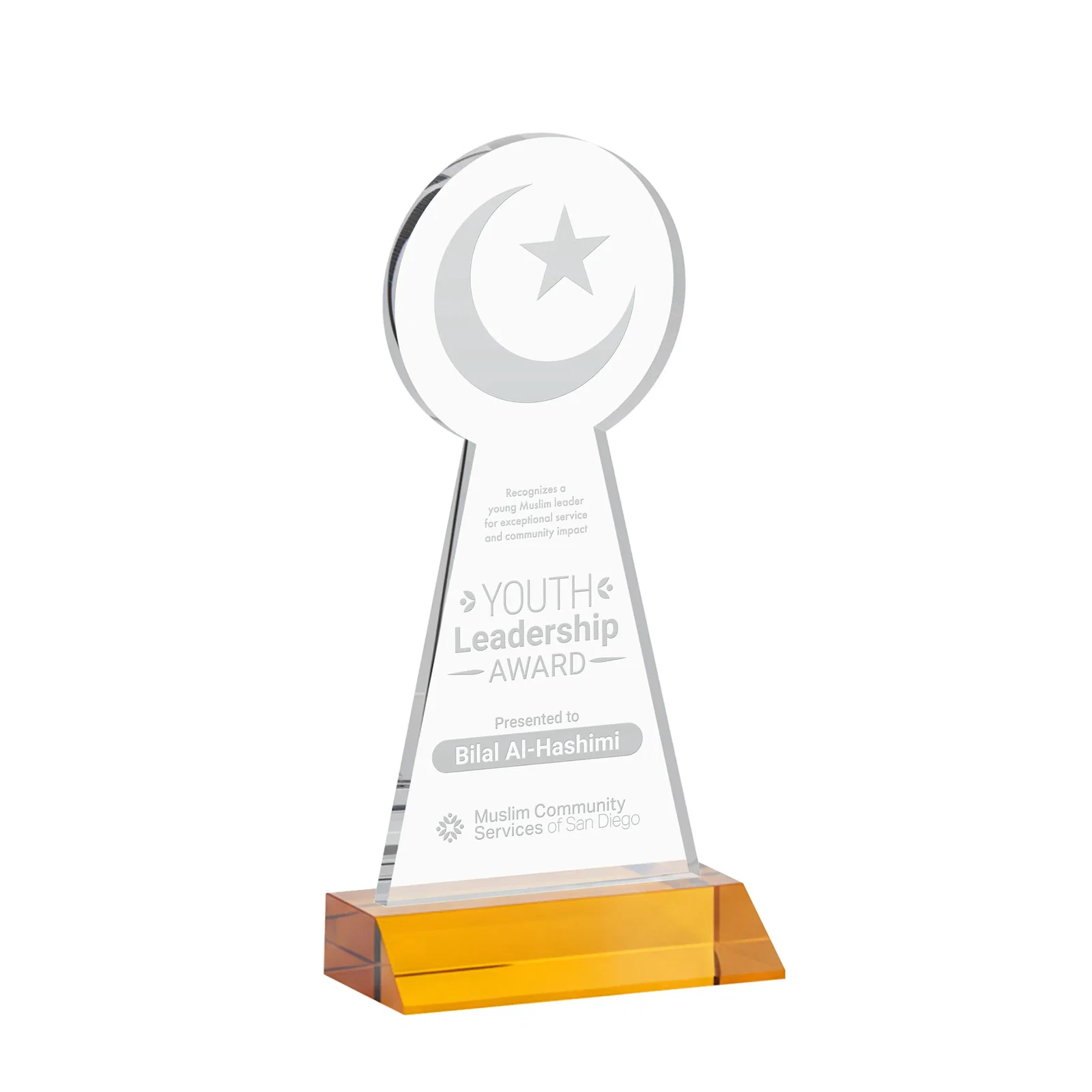 Custom Starfire Crescent and Star Award on a Front-Mitered Base for graduation ceremonies