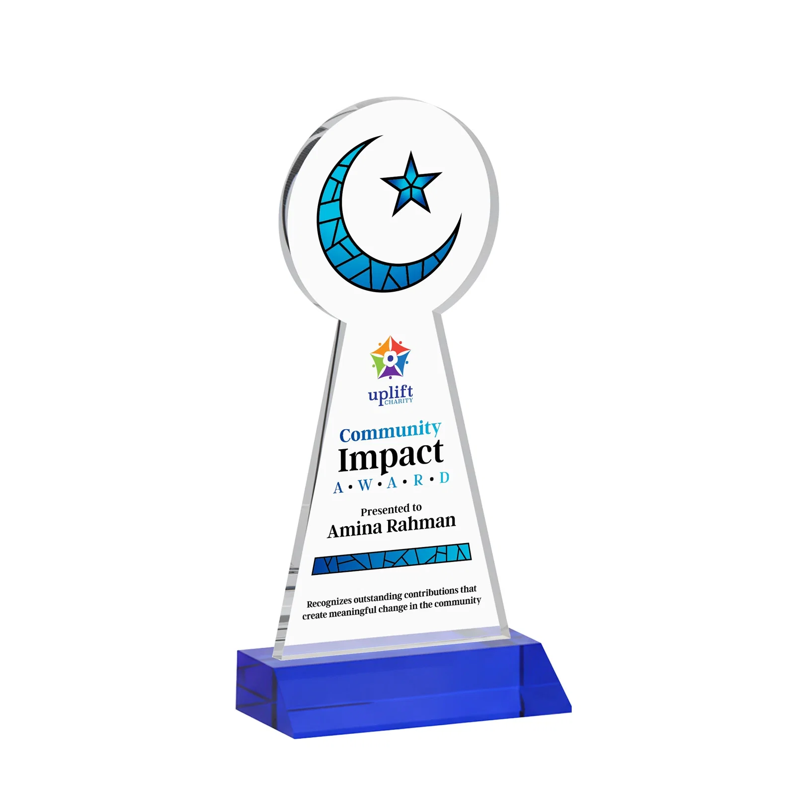 Customized Starfire Crescent and Star Award on a Front-Mitered Base for graduation ceremonies
