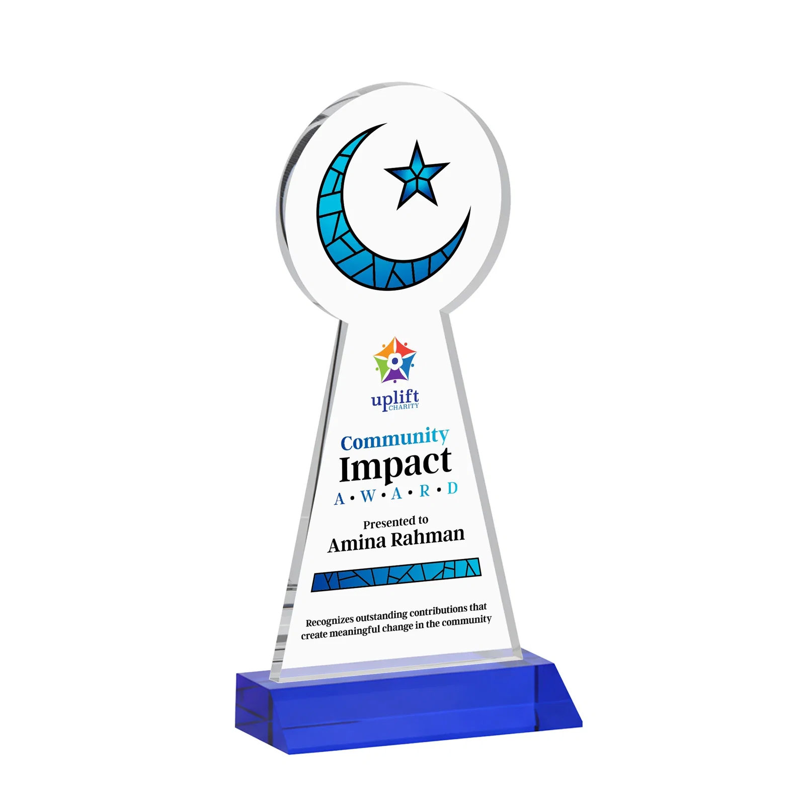 Customized Starfire Crescent and Star Award on a Front-Mitered Base for safety achievement programs