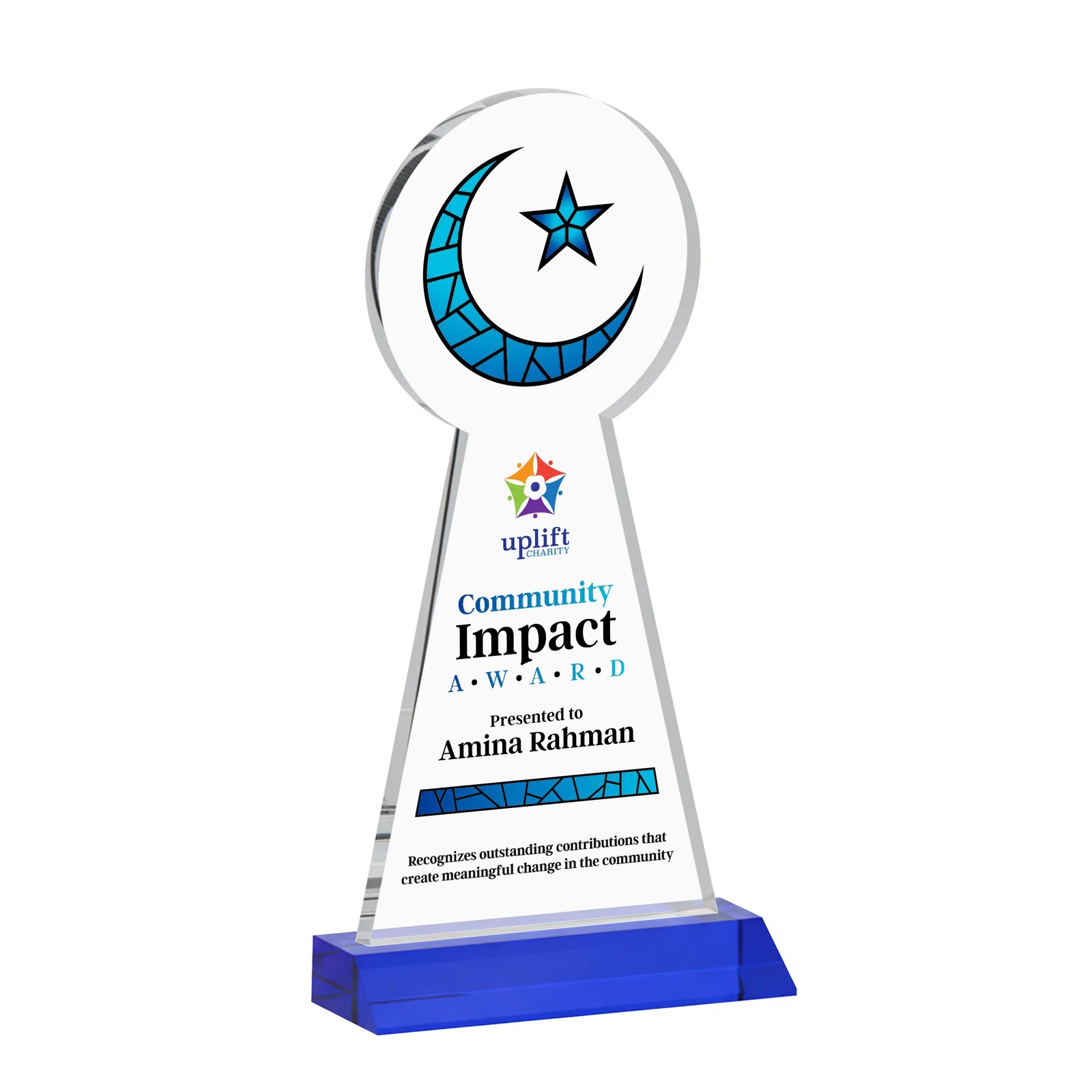 Customized Starfire Crescent and Star Award on a Front-Mitered Base for volunteer appreciation