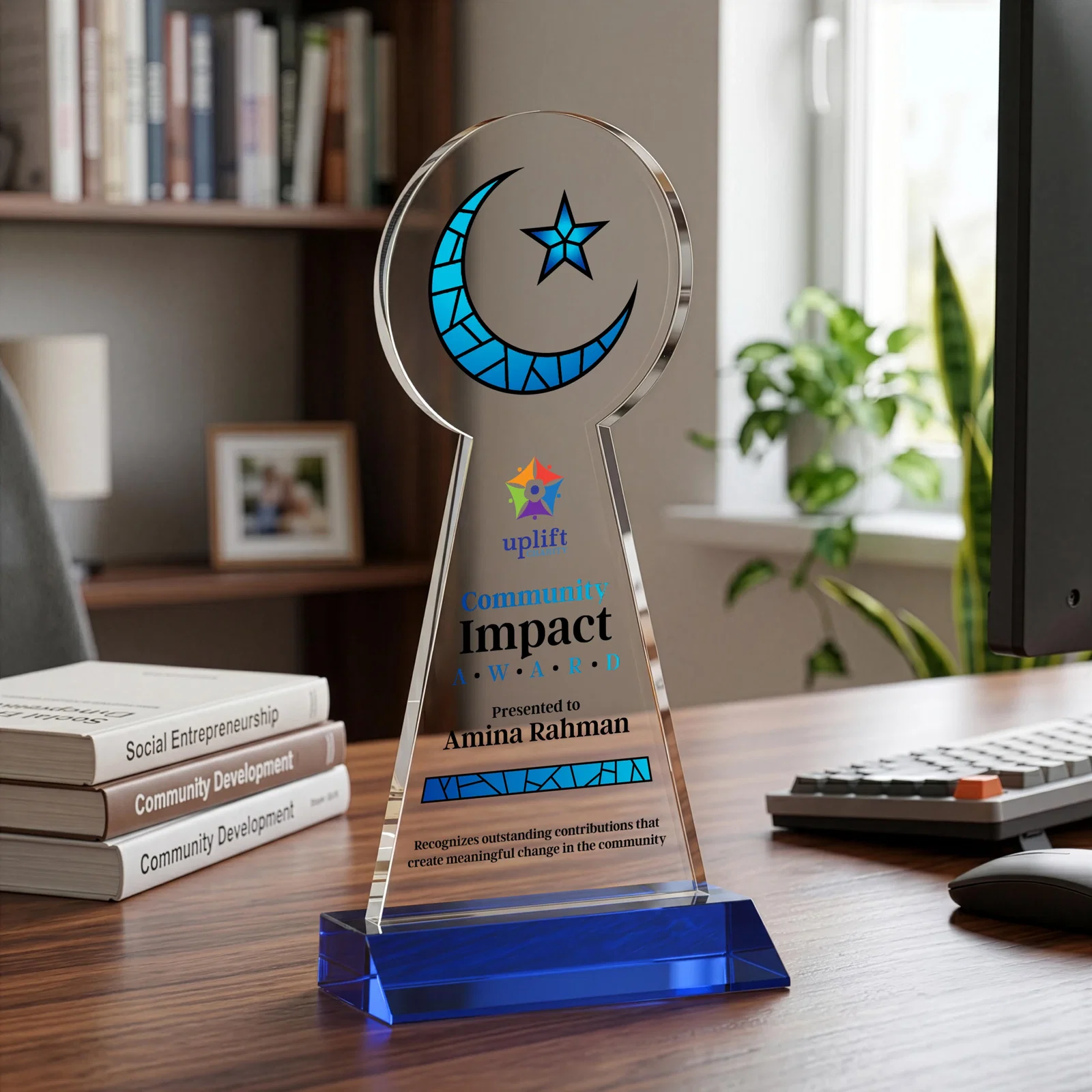 Customized Starfire Crescent and Star Award on a Front-Mitered Base for dealer and partner awards