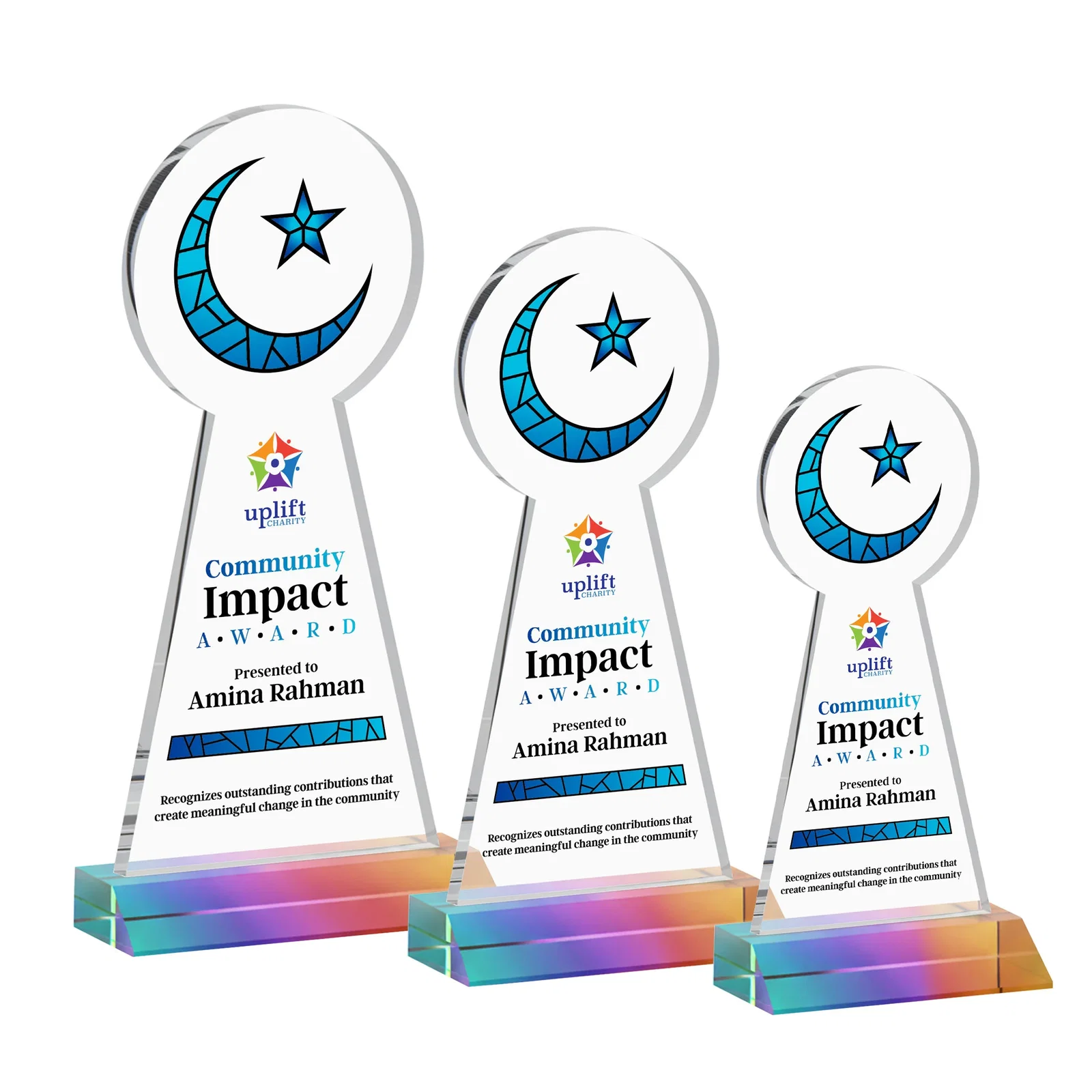 Customized Starfire Crescent and Star Award on a Front-Mitered Base for company anniversary events