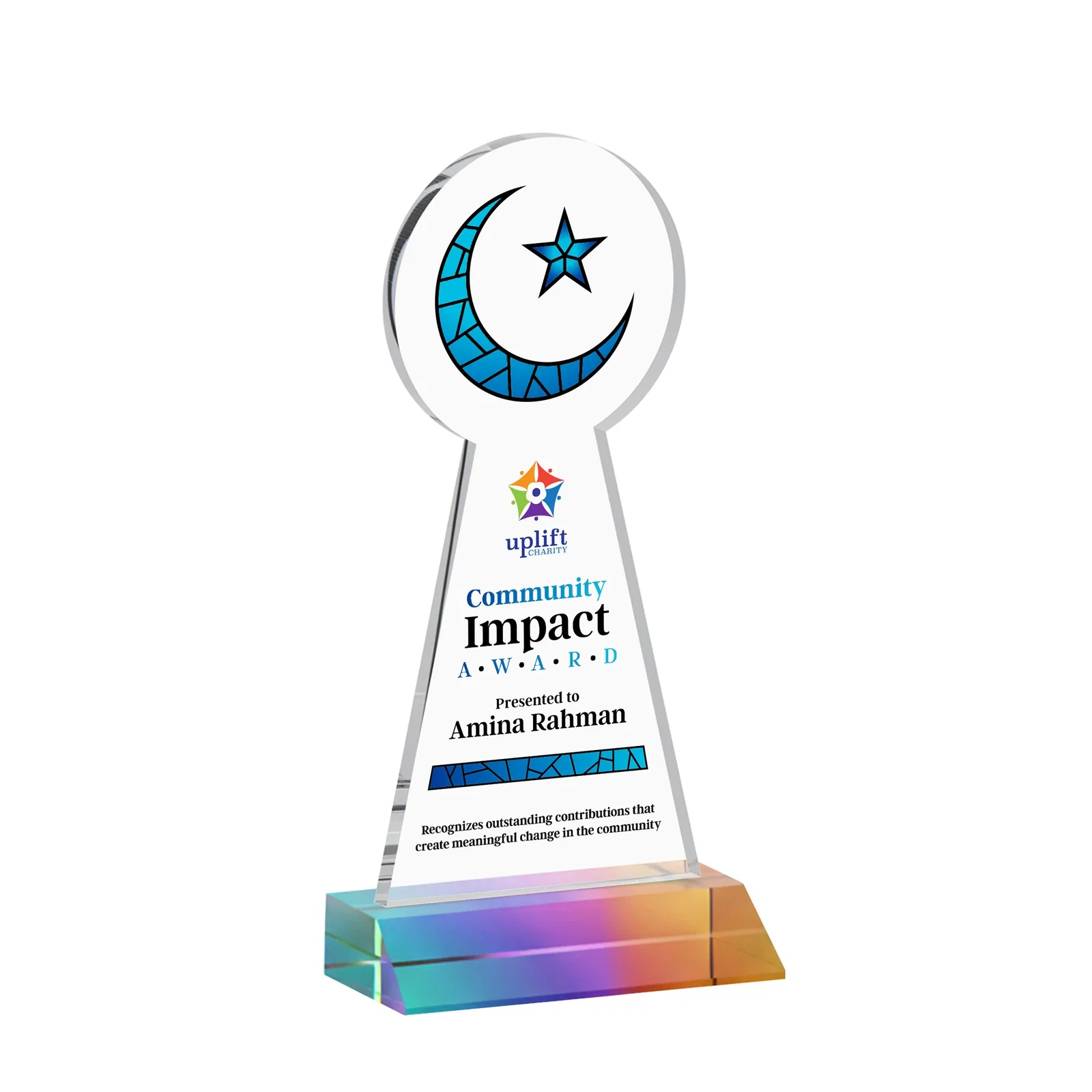 Custom engraved Starfire Crescent and Star Award on a Front-Mitered Base for employee recognition
