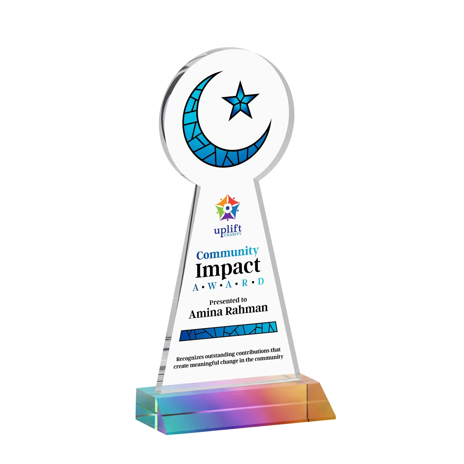 Custom engraved Starfire Crescent and Star Award on a Front-Mitered Base for corporate award ceremonies
