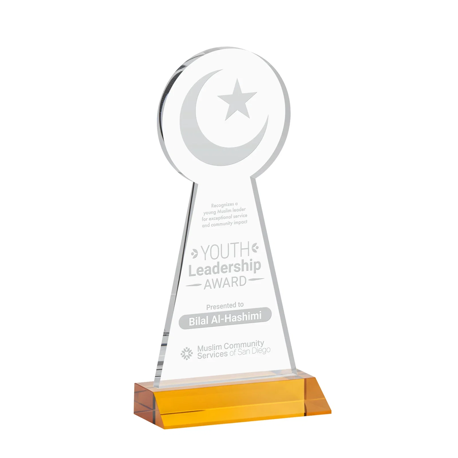 Custom Starfire Crescent and Star Award on a Front-Mitered Base for safety achievement programs