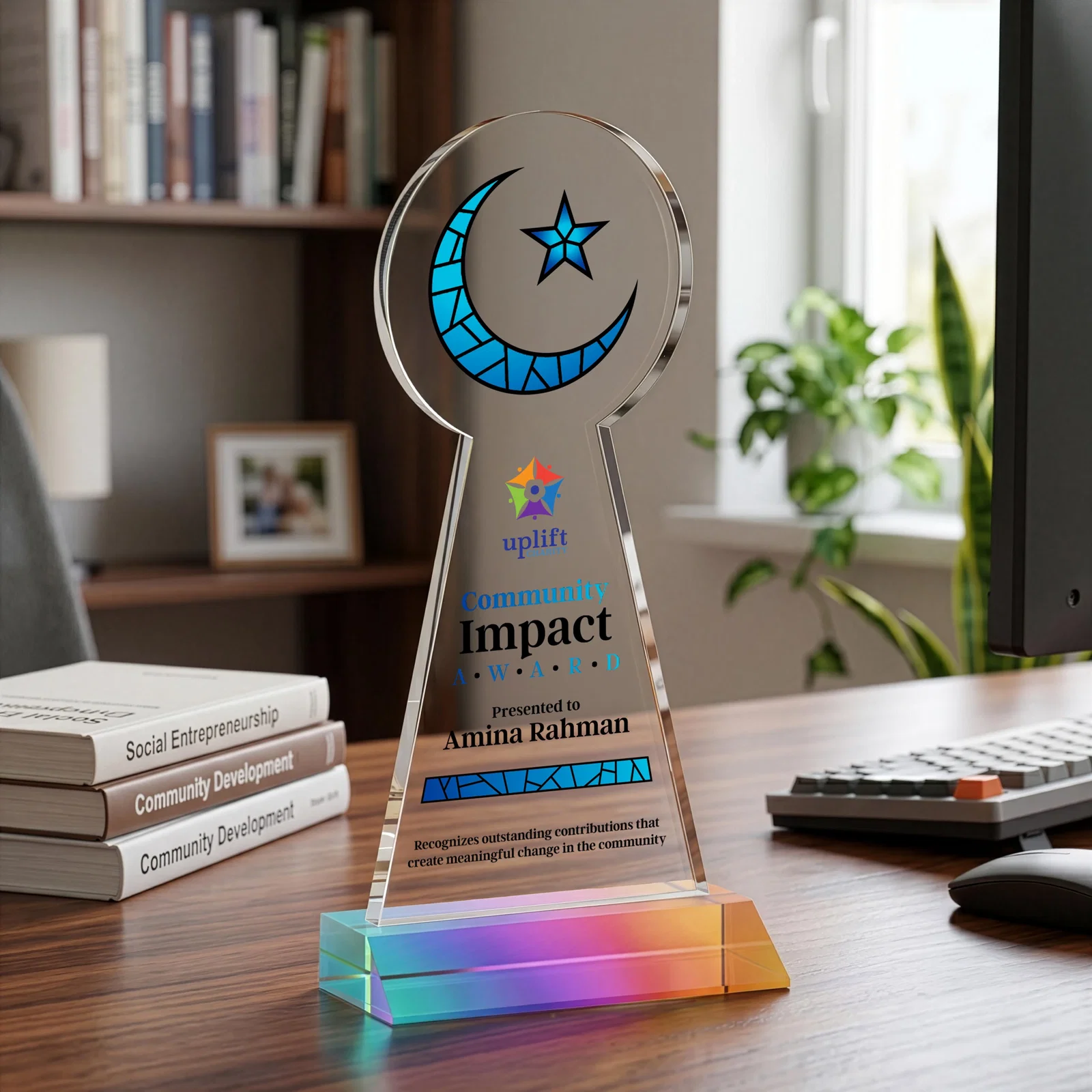 Custom engraved Starfire Crescent and Star Award on a Front-Mitered Base for sales achievement awards