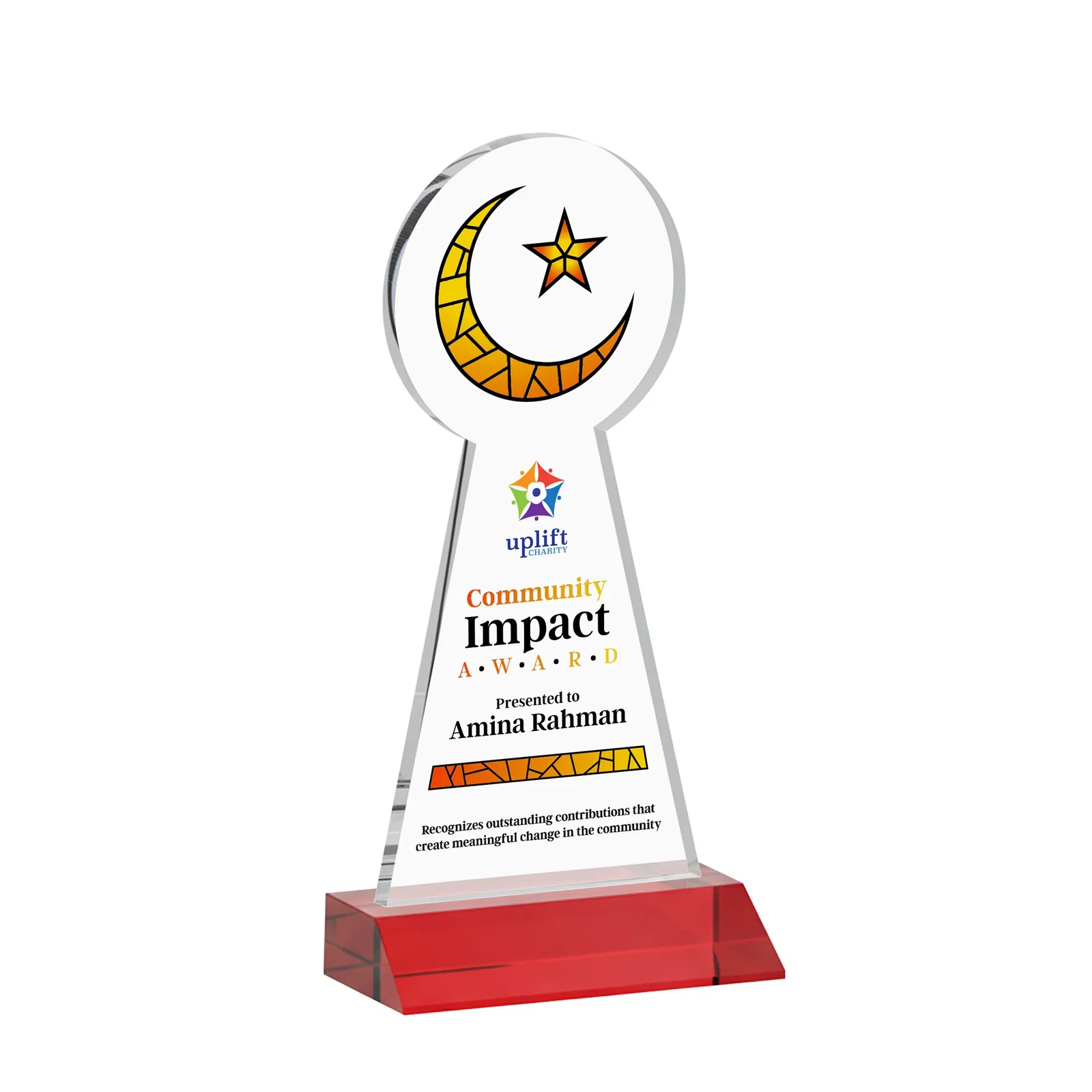 Custom engraved Starfire Crescent and Star Award on a Front-Mitered Base for team milestone celebrations