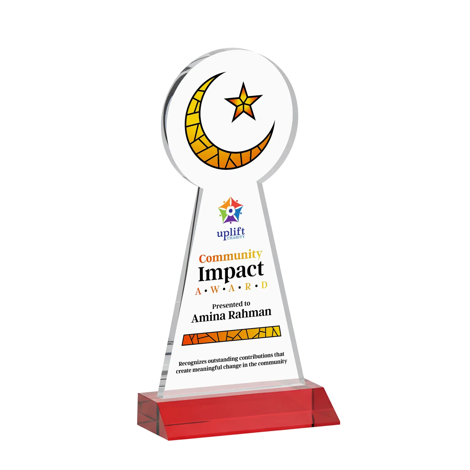 Custom engraved Starfire Crescent and Star Award on a Front-Mitered Base for donor appreciation