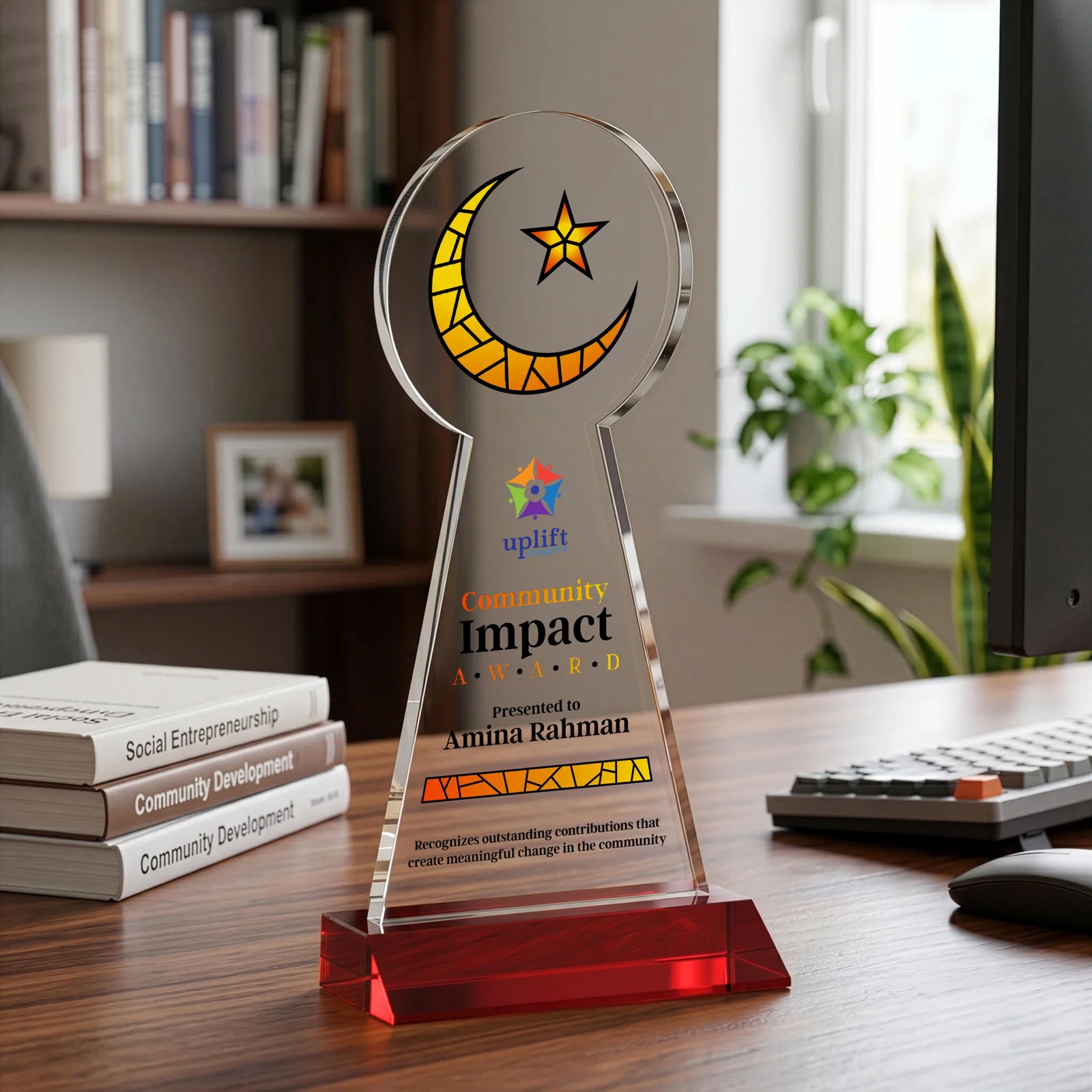 Custom engraved Starfire Crescent and Star Award on a Front-Mitered Base for safety achievement programs