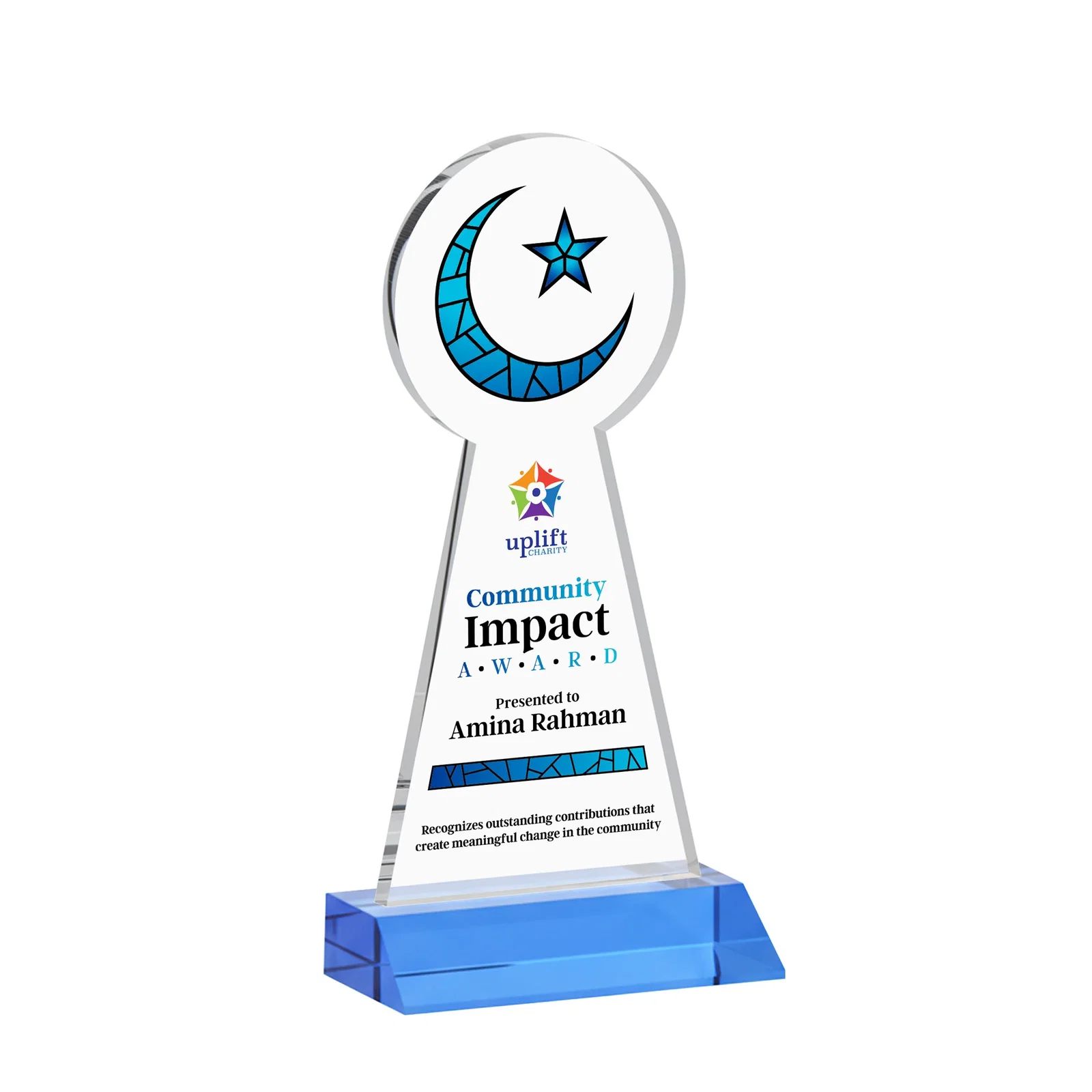 Custom engraved Starfire Crescent and Star Award on a Front-Mitered Base for dealer and partner awards