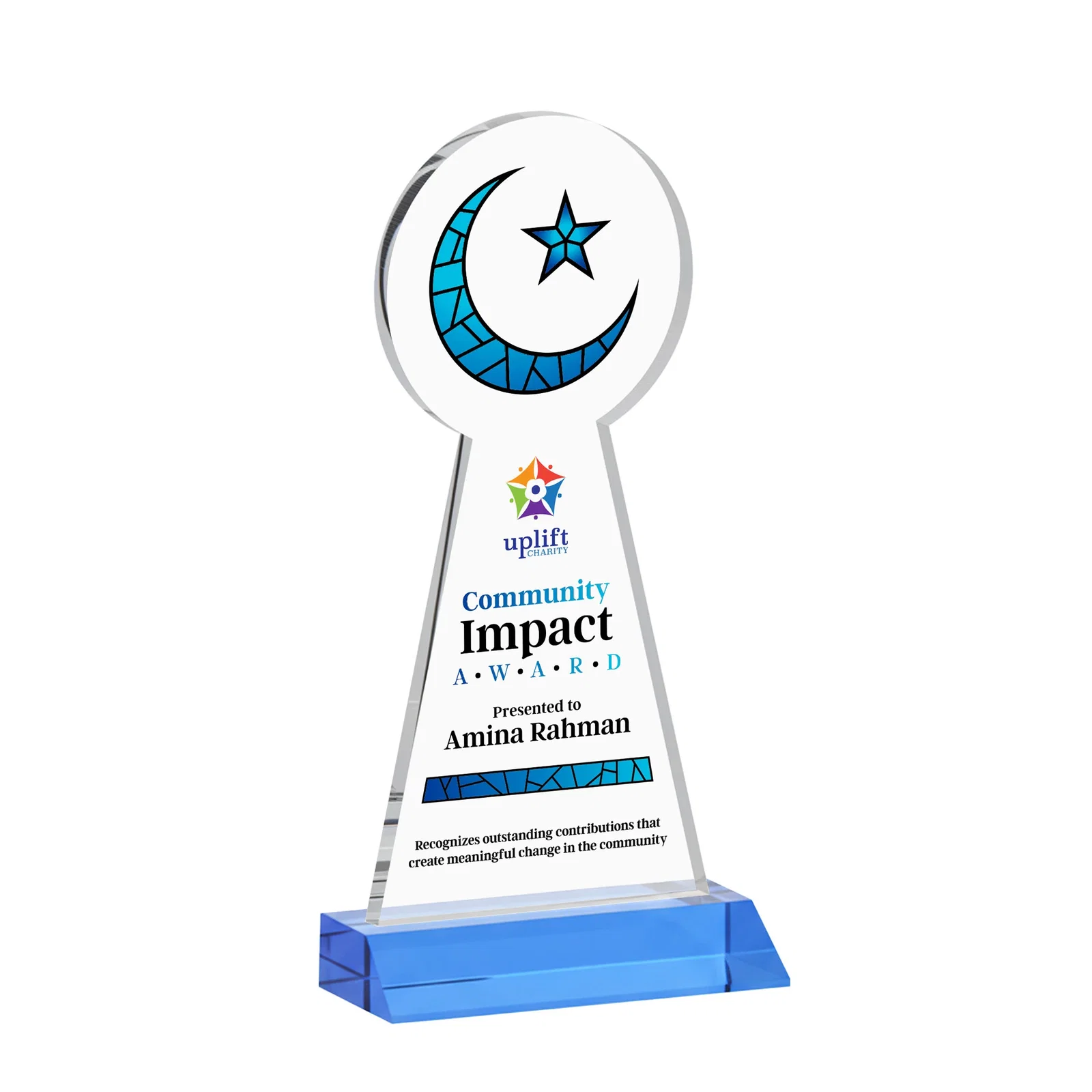 Custom engraved Starfire Crescent and Star Award on a Front-Mitered Base for company anniversary events