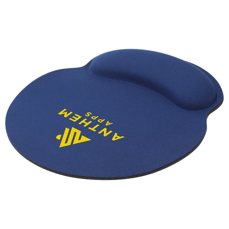 Promotional Crest memory-foam wrist rest mouse pad, overhead flat lay of custom branded pad