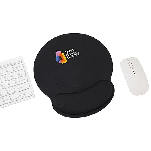 Custom branded Crest memory-foam wrist rest mouse pad, top view of promotional cushioned desk pad