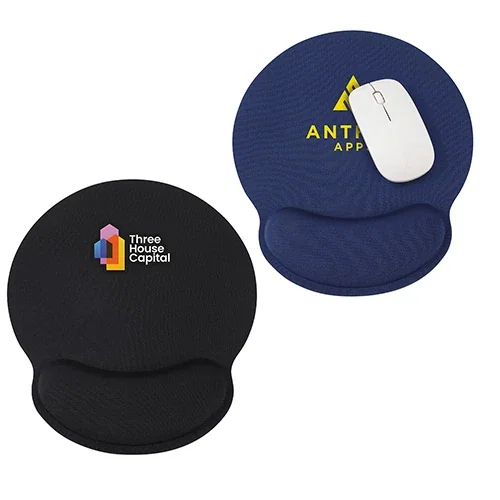 Promotional Crest memory-foam mouse pad, side profile showing wrist cushion and logo desk pad