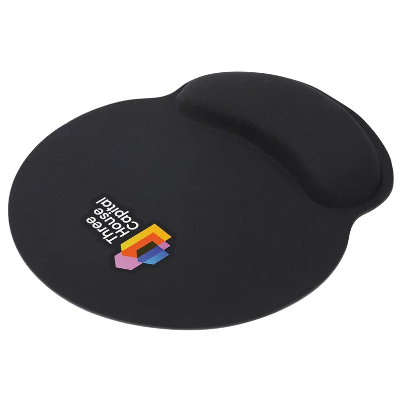 Custom Crest memory-foam mouse pad in use with a mouse, branded promotional wrist rest pad