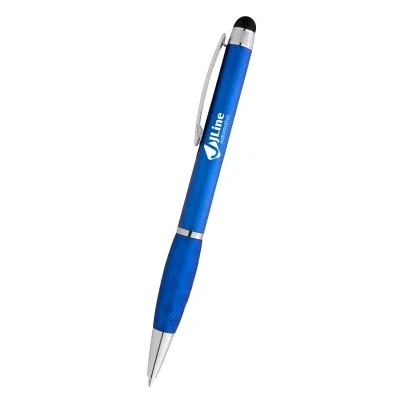 Blue barrel pen with a textured grip section