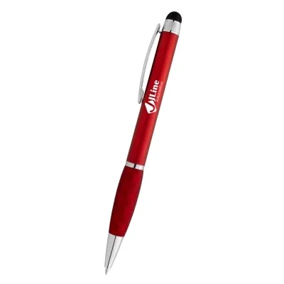 Purple pen standing upright to show its slim profile
