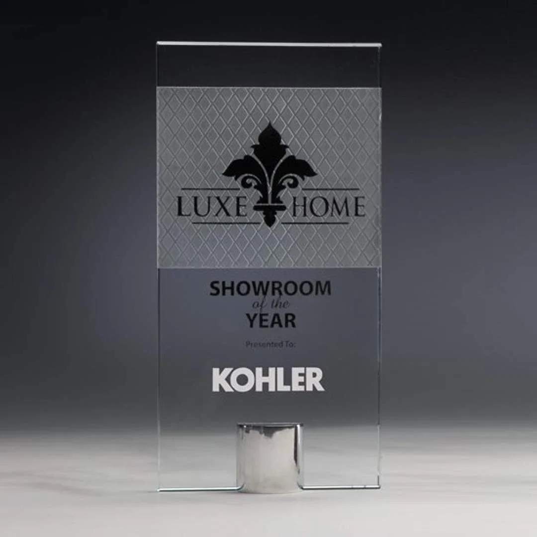 Custom Starfire Crystal Rectangle Award with a Sandcarved Diamond Back, metal awards for employee recognition