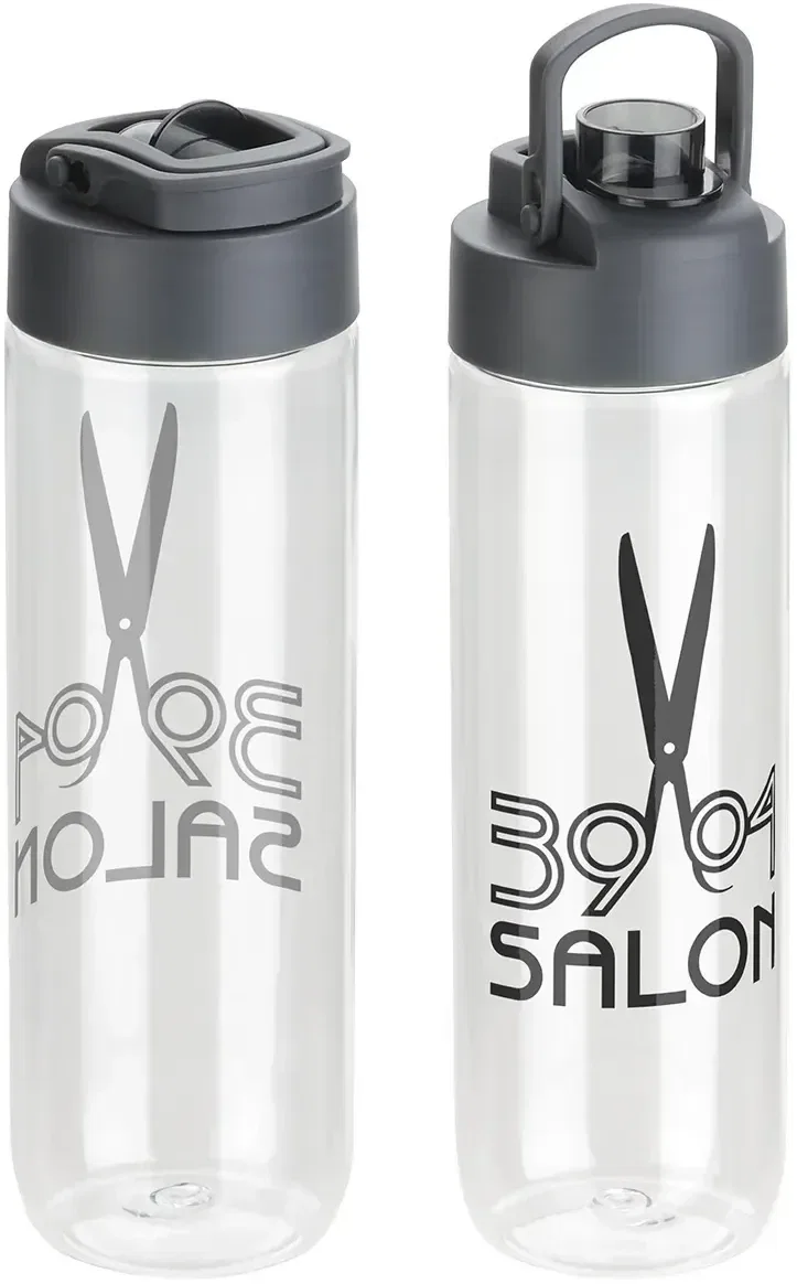 Angled view of the branded Criterium 24 oz Tritan promotional water bottle