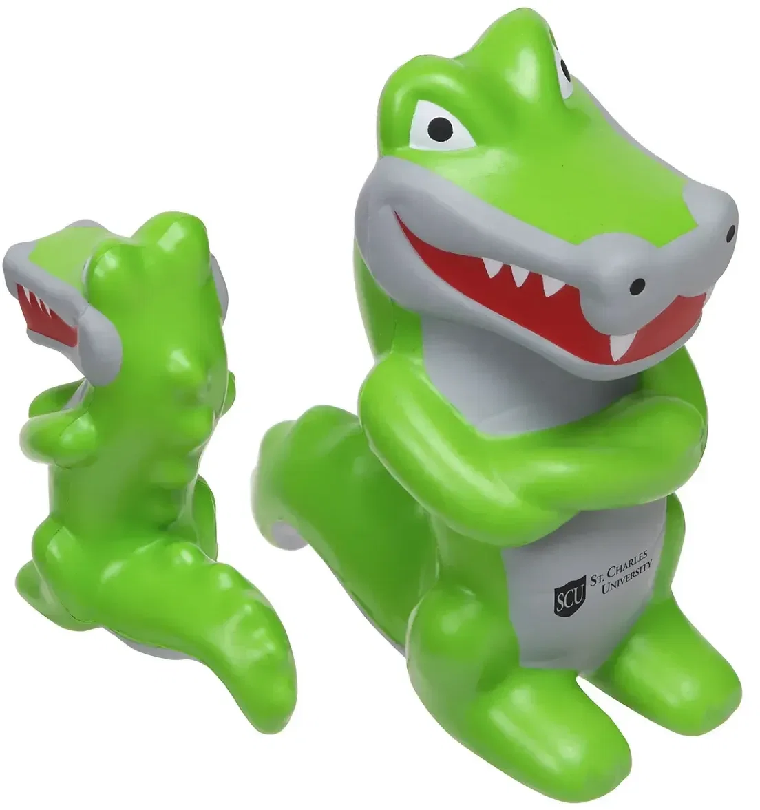 Crocodile custom stress reliever, grinning croc mascot squeeze toy branded with logo, front view