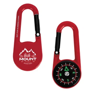 Black carabiner compass measuring under three inches tall