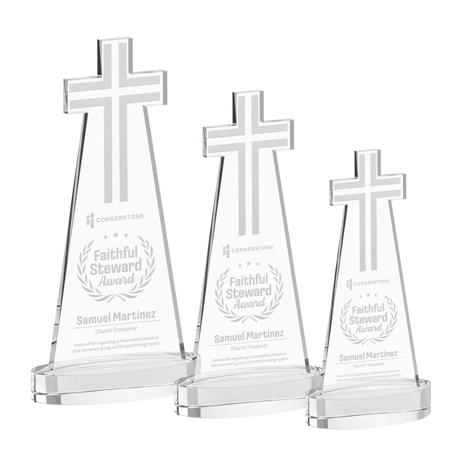 Custom Starfire Crystal Cut-Out Cross Award on Oval Base for employee recognition