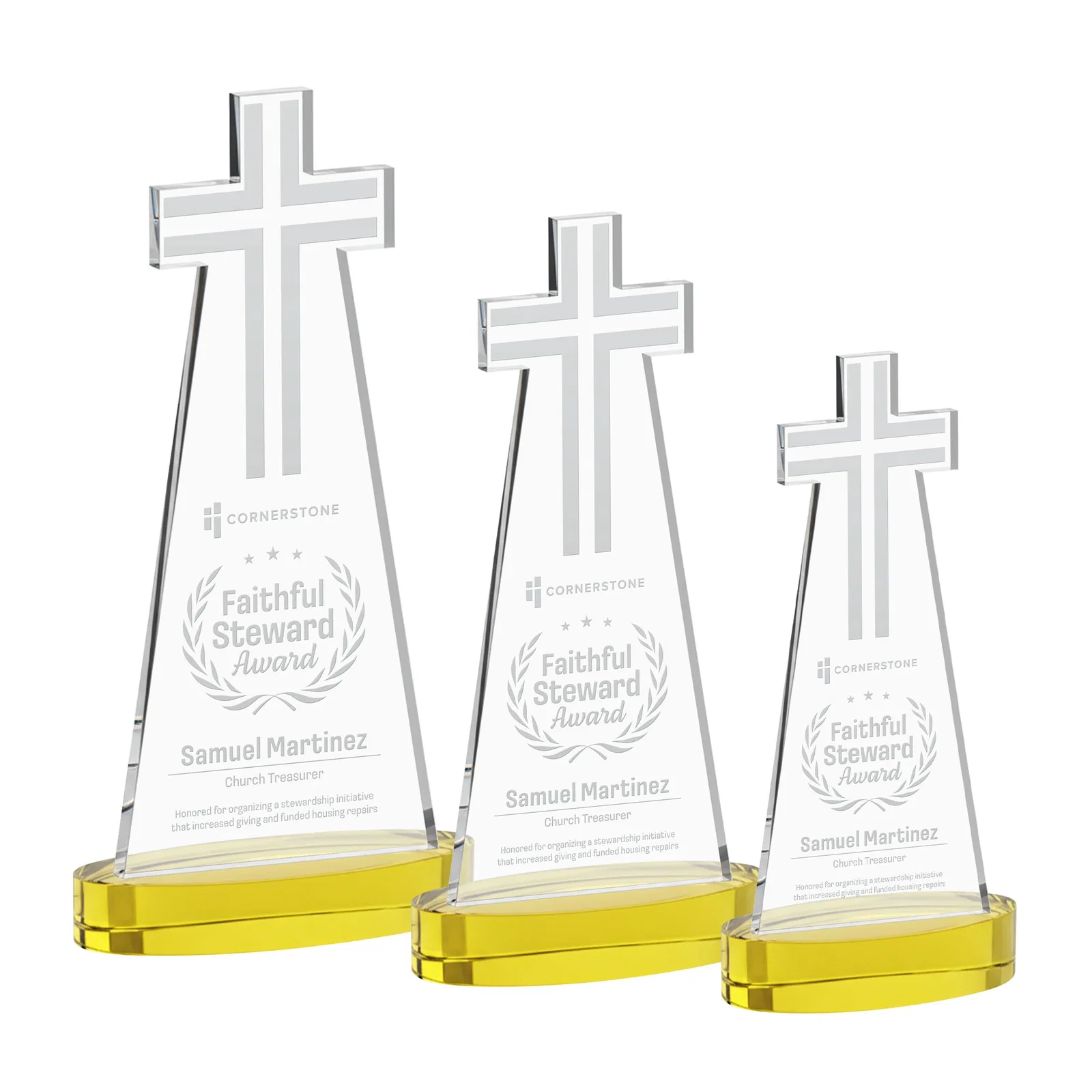 Custom Starfire Crystal Cut-Out Cross Award on Oval Base for volunteer appreciation