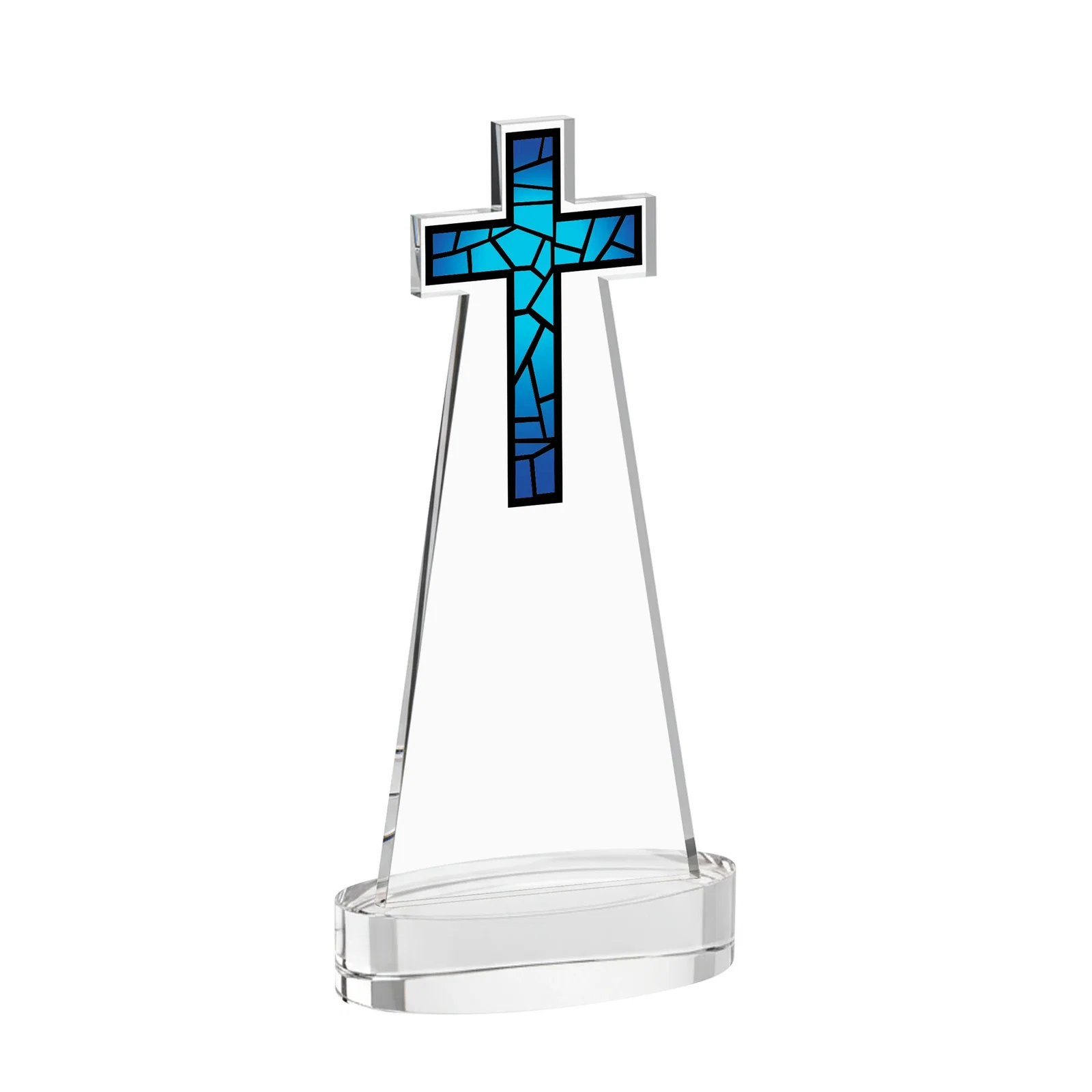 Personalized Starfire Crystal Cut-Out Cross Award on Oval Base, with your logo for retirement presentations